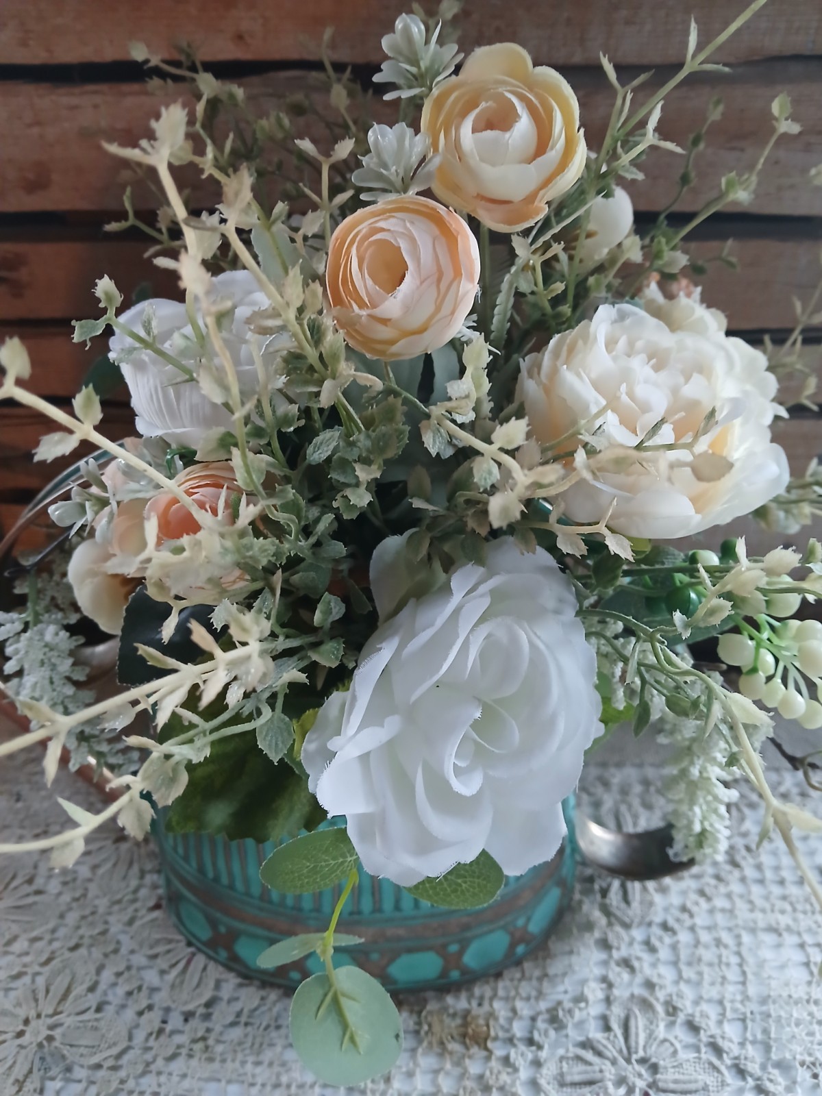 New Silk Flower Arrangement In Teal/Copper Watering Can. Peach, White/ Greens