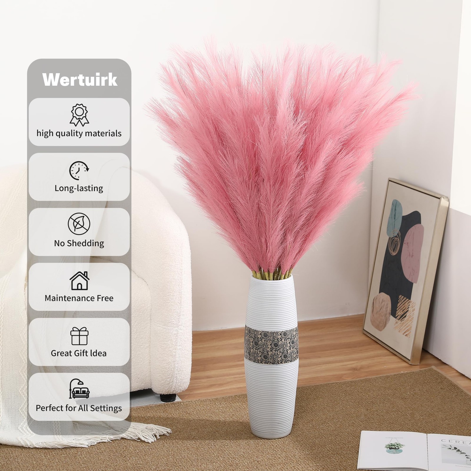 8 PCS Dark Pink 45 Inch Tall Large Faux Pampas Grass Artificial Flowers Decor
