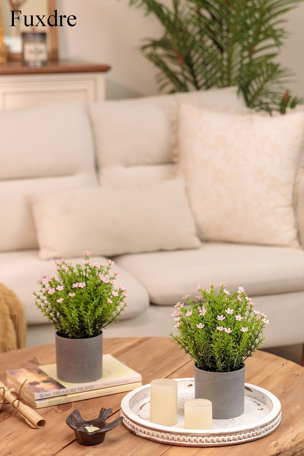 2 Pack Faux Thyme Flower Desk Plants in Vintage Pots for Home & Office Decor