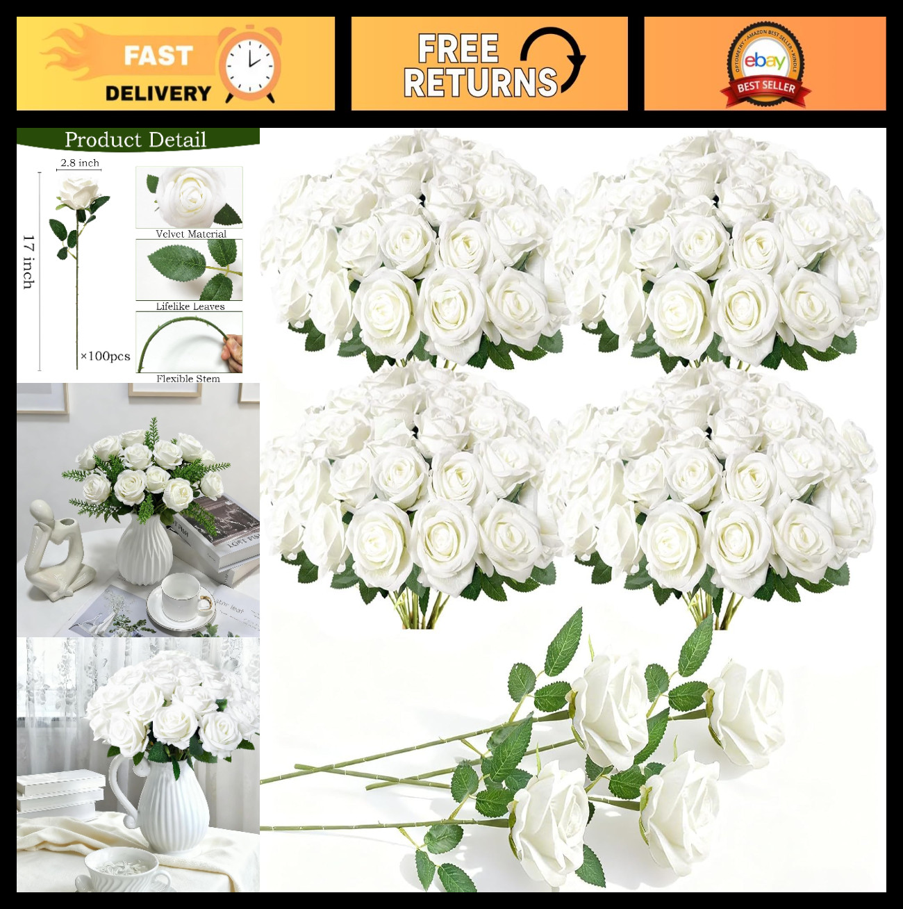 100 Pcs White Fake Roses – Velvet Silk Artificial Flowers for Wedding Decor, Hom