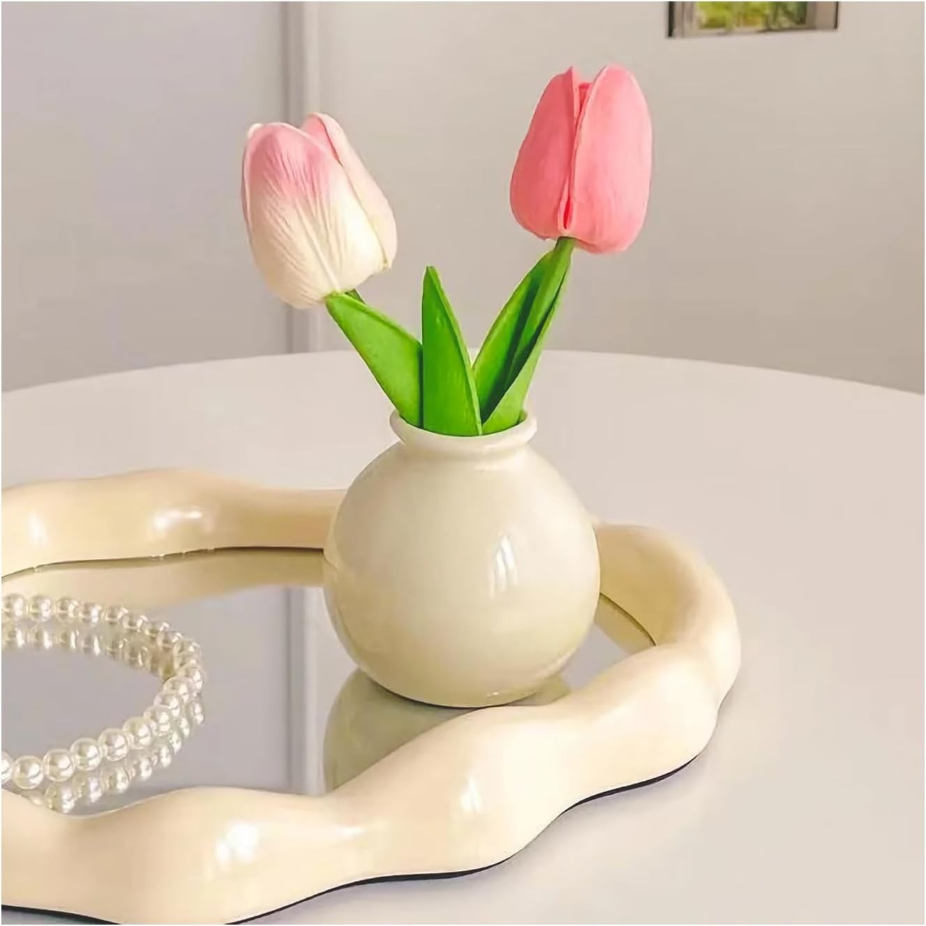 Artificial Tulip Flowers,Table White Ceramic Vase Pink Green Leaf Dried Flower