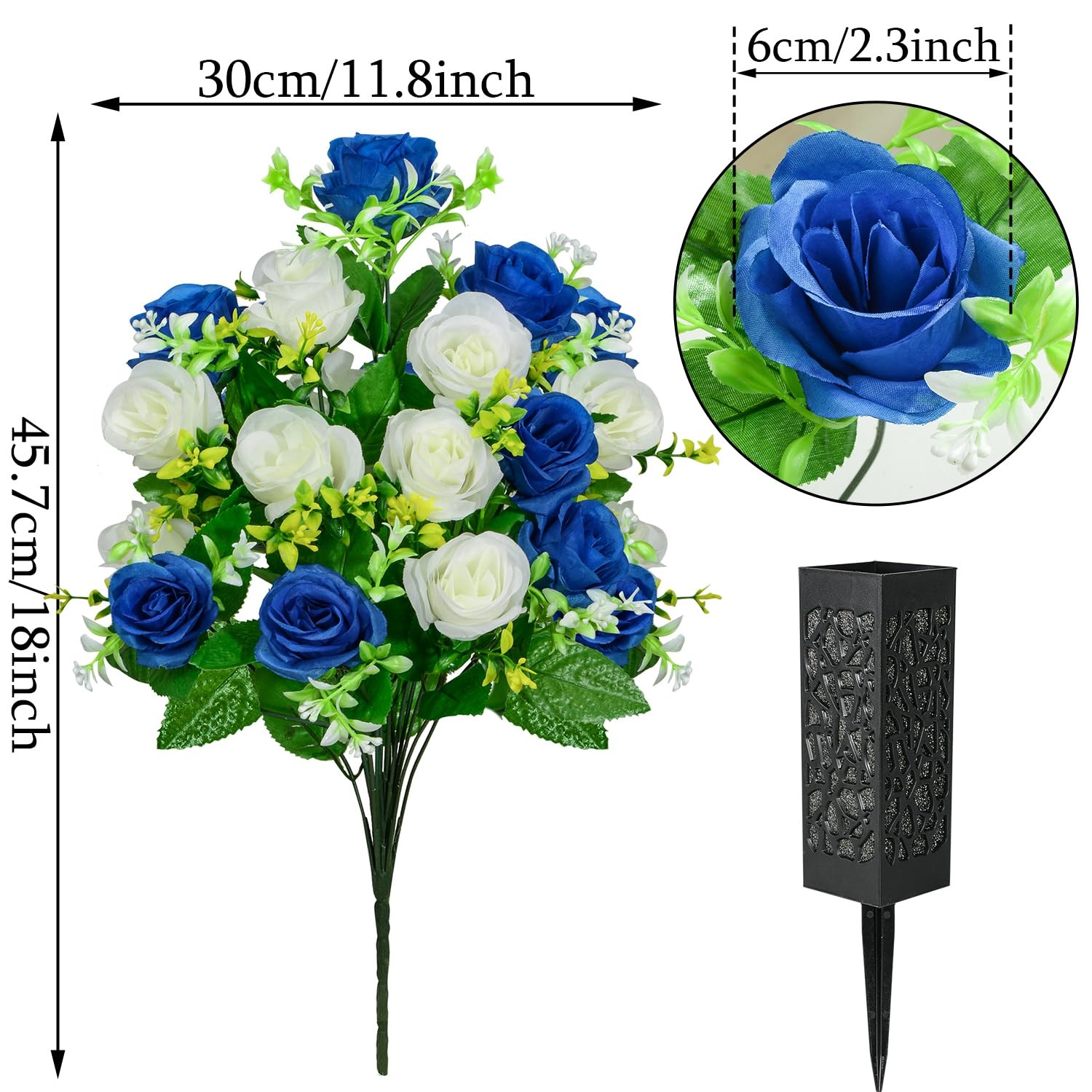 2 PCS Cemetery Grave Memorial Flowers Dark Blue White Rose Bouquet With Vase
