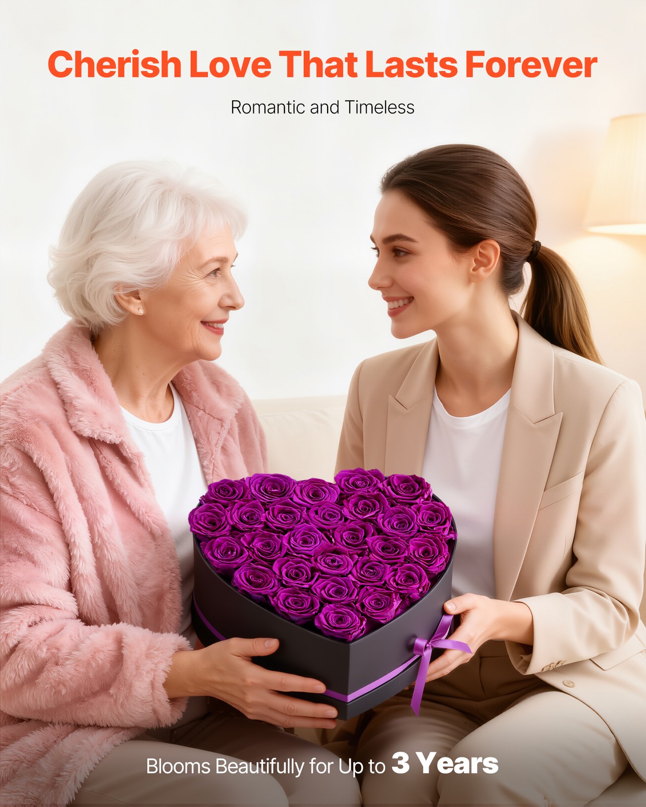 VEVOR Forever Flowers 27 Preserved Roses Heart Box Eternal Bouquet Purple
