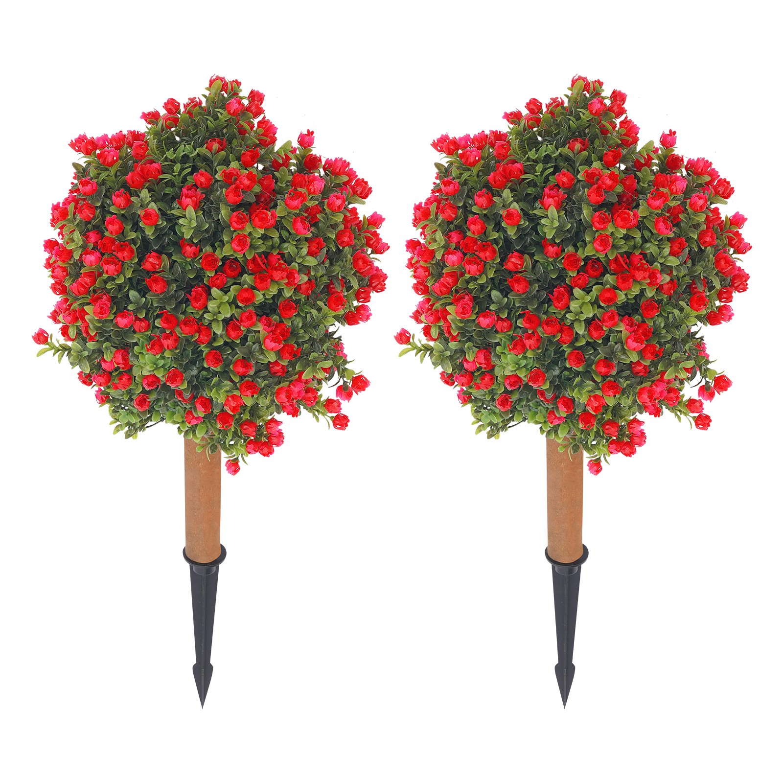 2* Artificial Boxwood Topiary Ball Trees Set with Red Flowers for Indoor/Outdoor