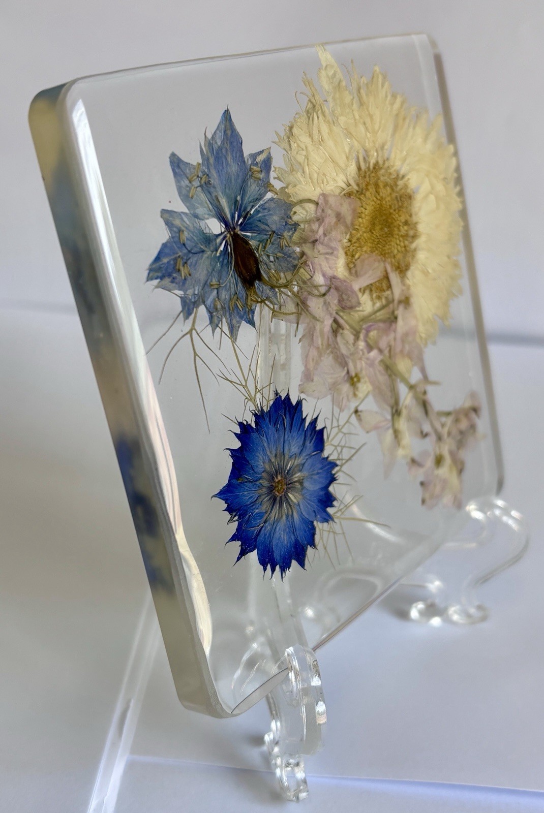 Pressed Flower Resin Block Art Blue Floral Desk Display Decor 3.5 X 3.5 Boho