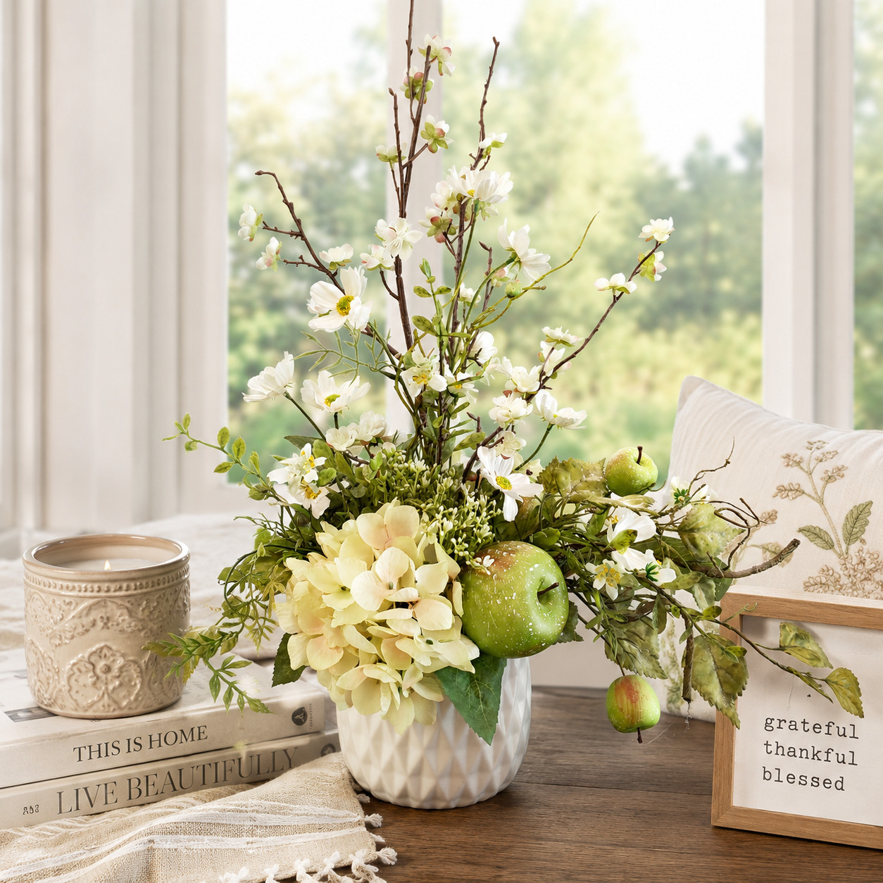 Neutral Apple Blossom Centerpiece, Farmhouse Hydrangea Arrangement, Green Apple