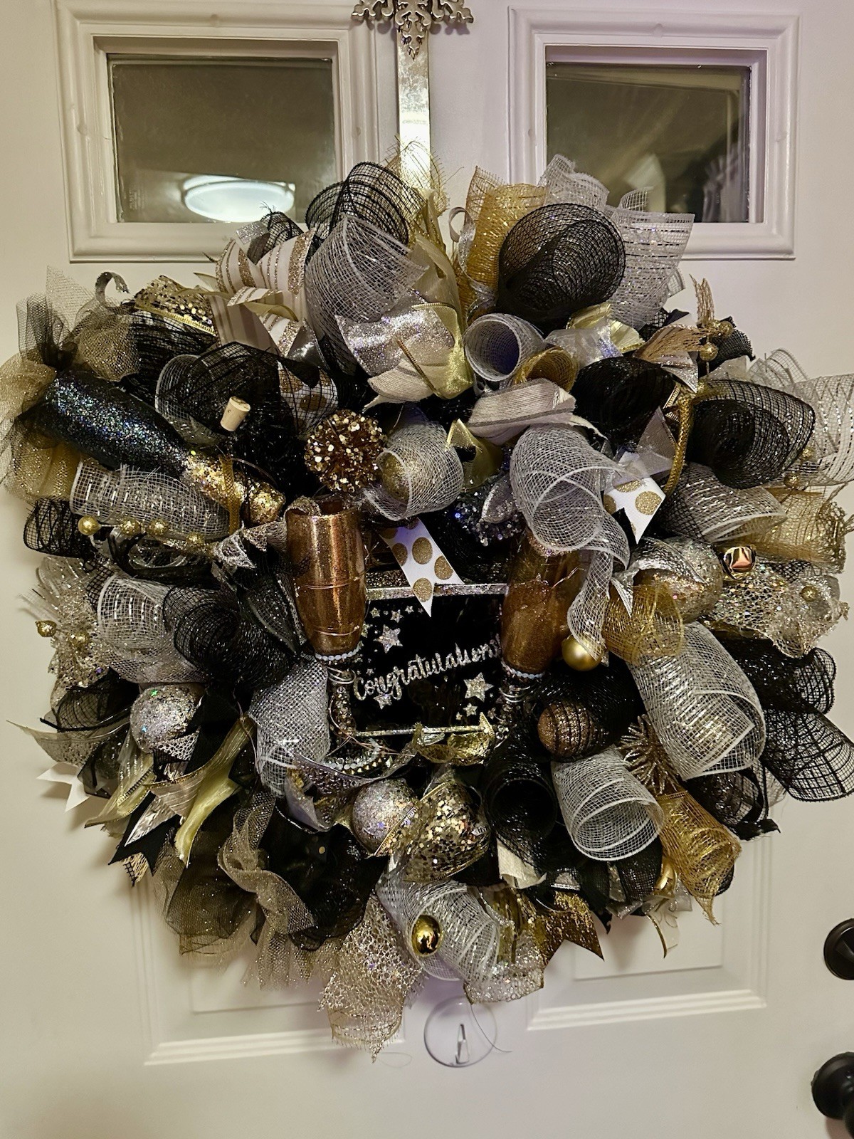 Graduation Wreath Black Gold Congrats Deco Mesh Door LED Party Decor