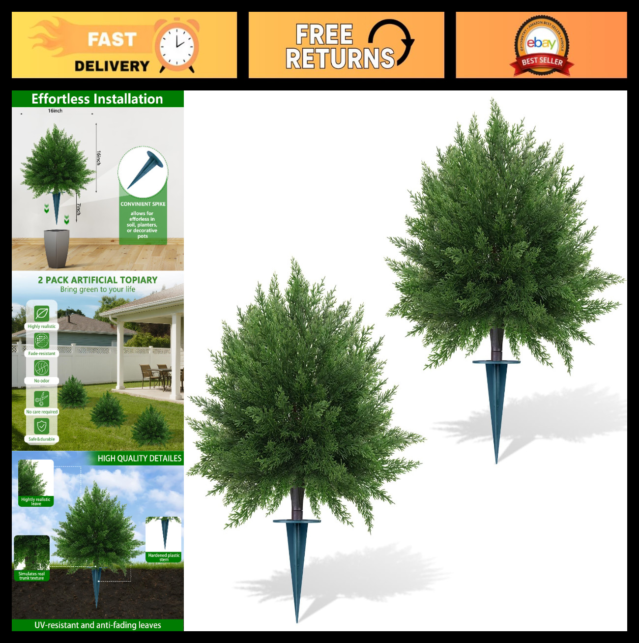 23″ Artificial Cypress Topiary Ball Trees – 2 Pack Faux Shrubs, UV Resistant Out