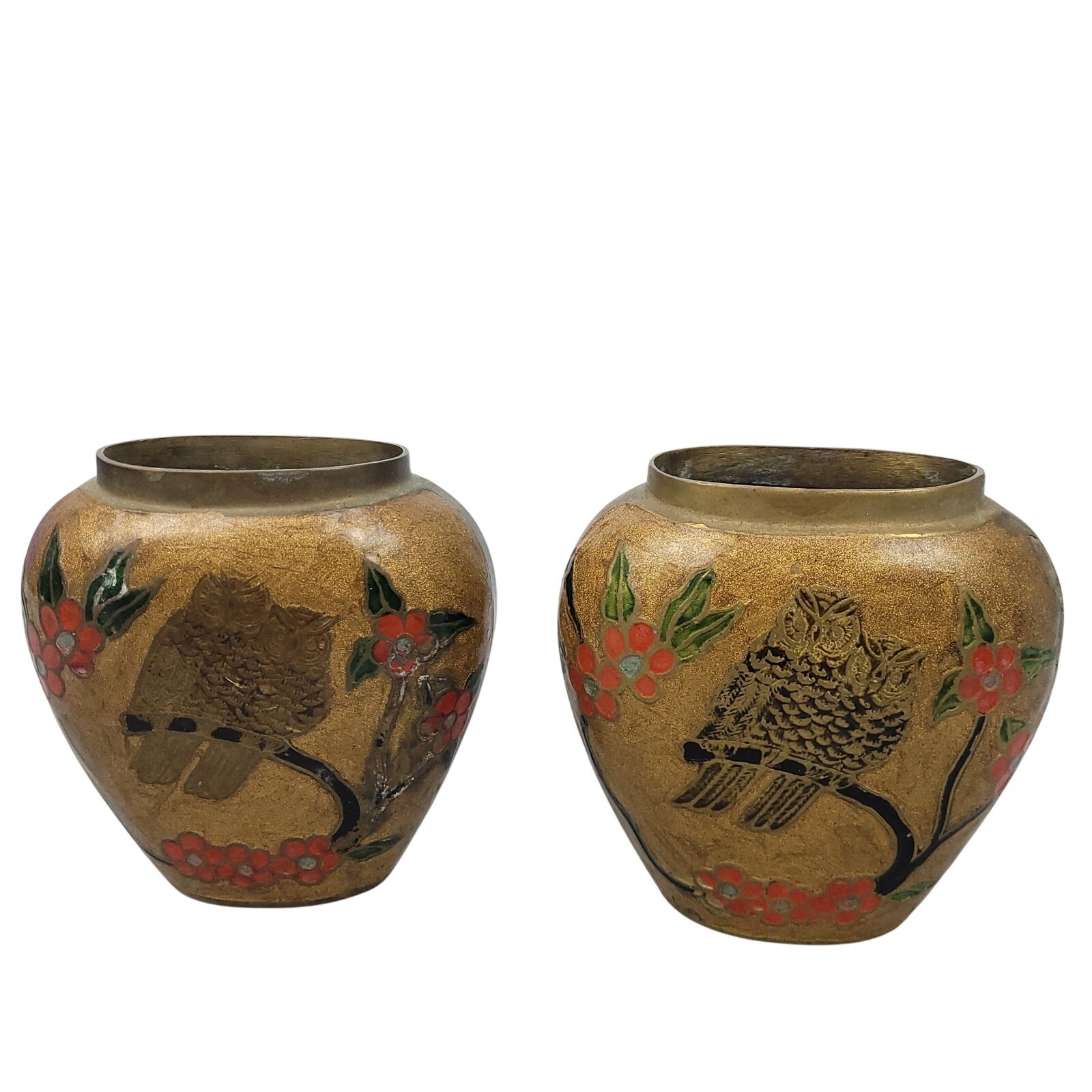 2 Vintage Brass Cloisonné Vases Oval Flat Floral Owls Enamel 4.5″ Boho Handmade