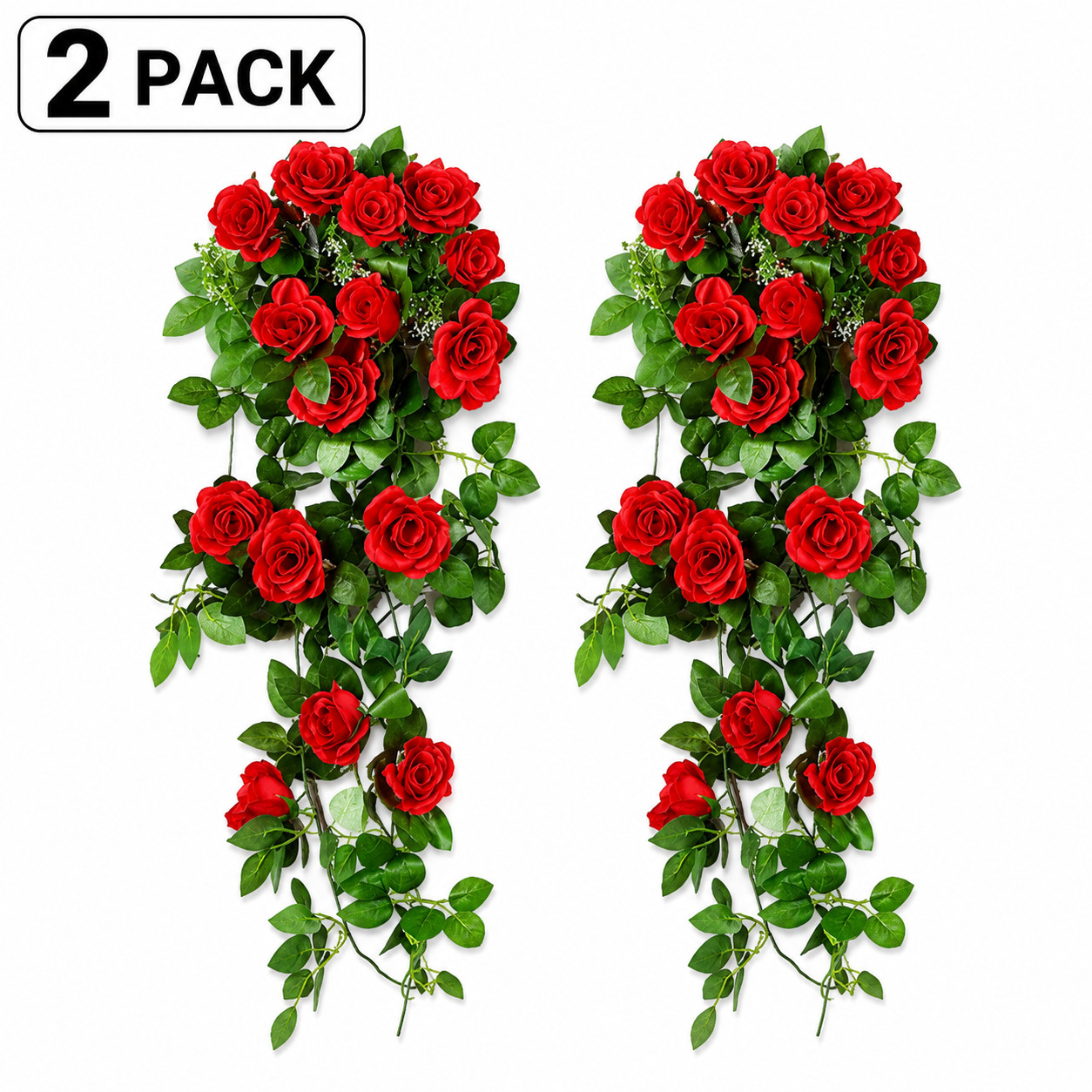 2 Pack Fake Red Rose Ivy Garland Hanging Plant Wall Decor Indoor Outdoor 90CM