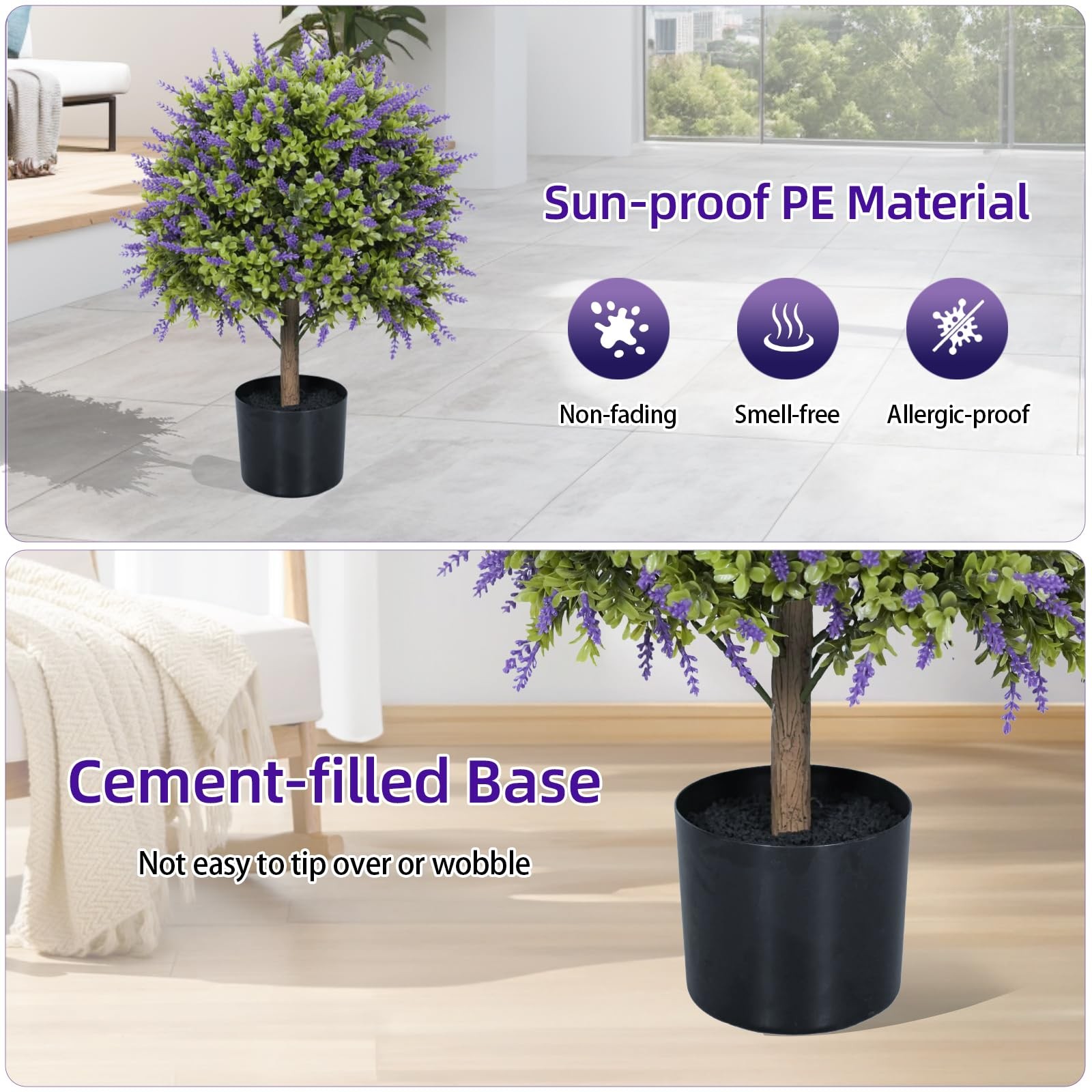 Artificial Lavender Topiary Trees, 2 Set of UV Resistant Fake Evergreen Shrub…