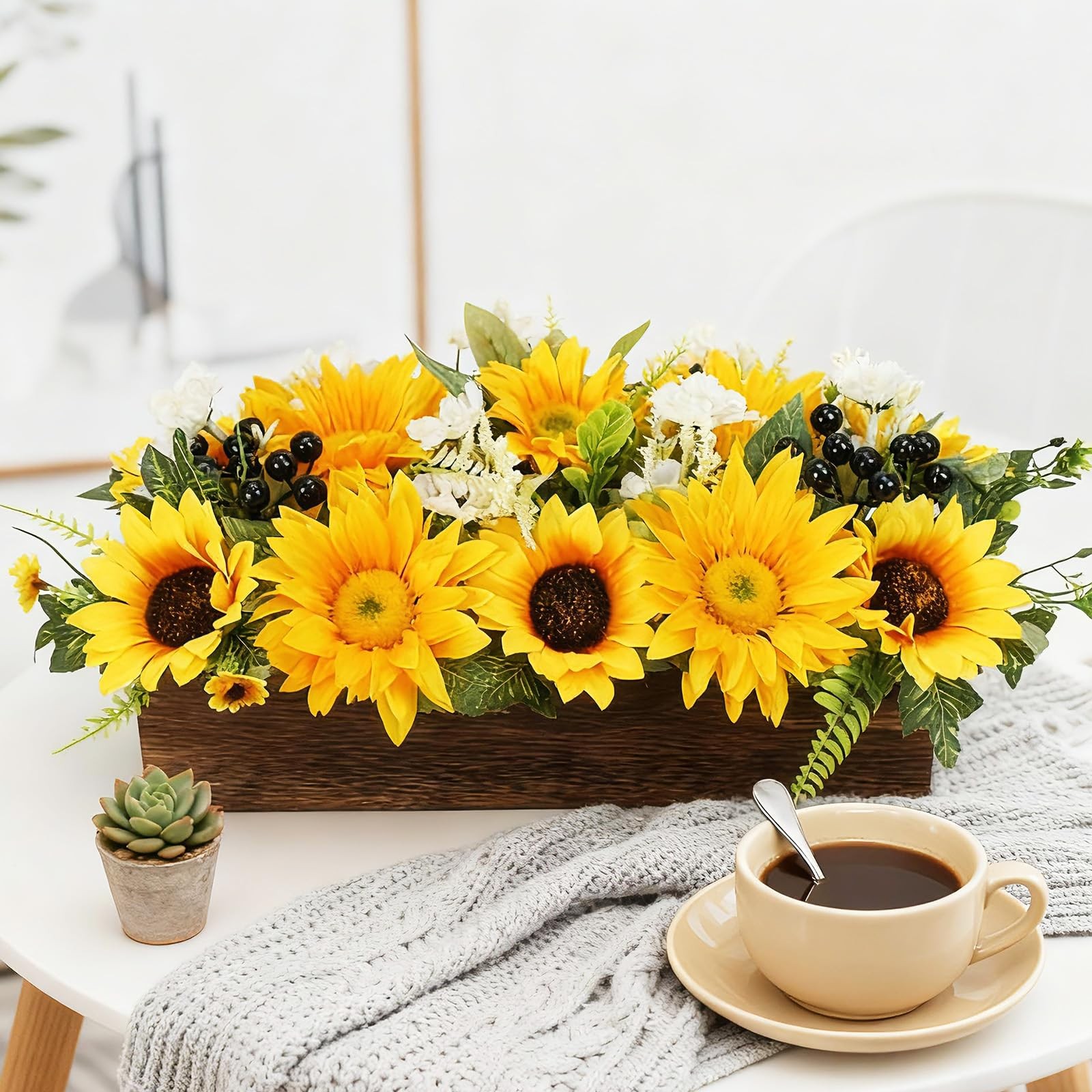 Sunflower Arrangement with Wood Tray Centerpieces for Tables Home Decor