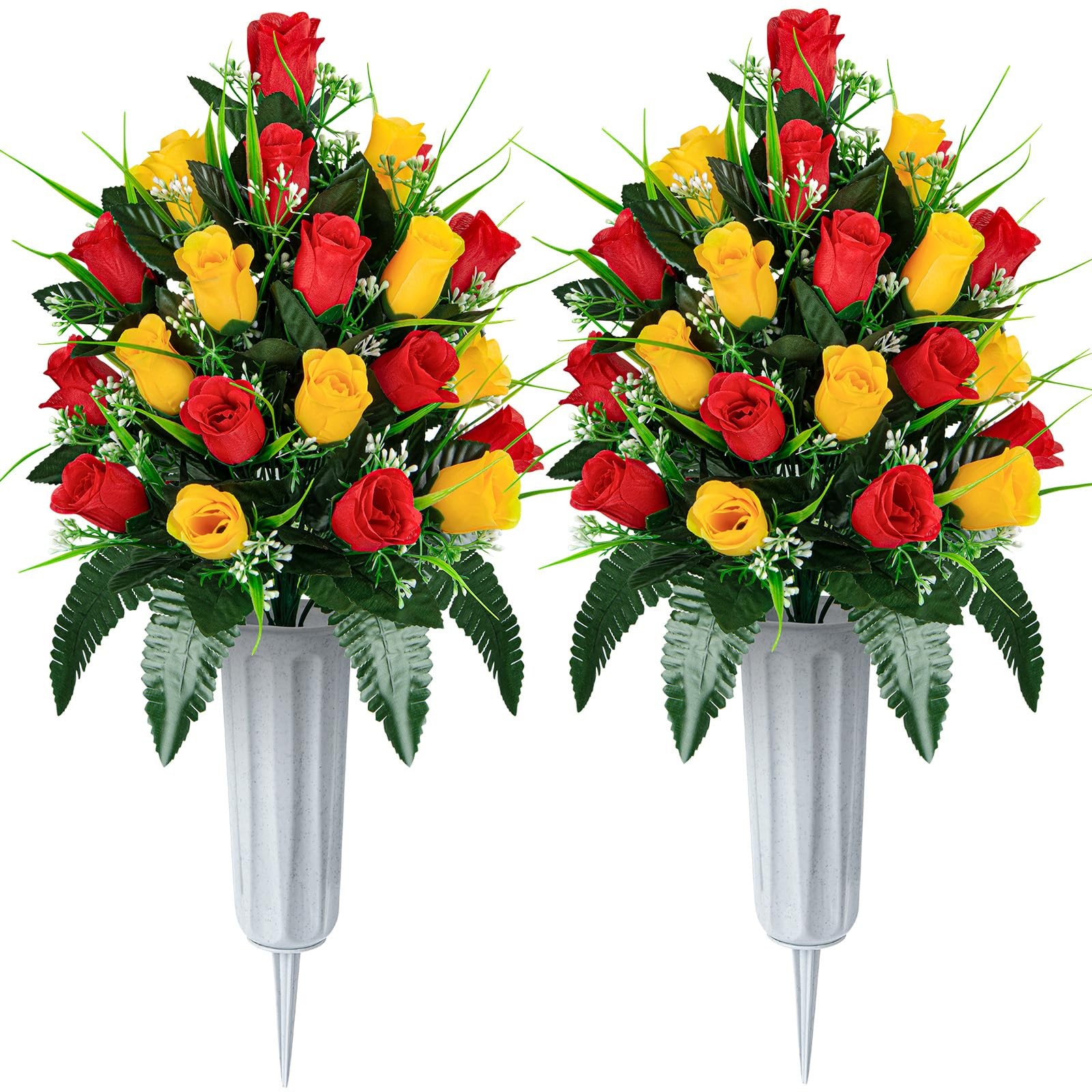 2 PCS Artificial Cemetery Flowers Red Yellow Rose Bouquets With Vases Decor