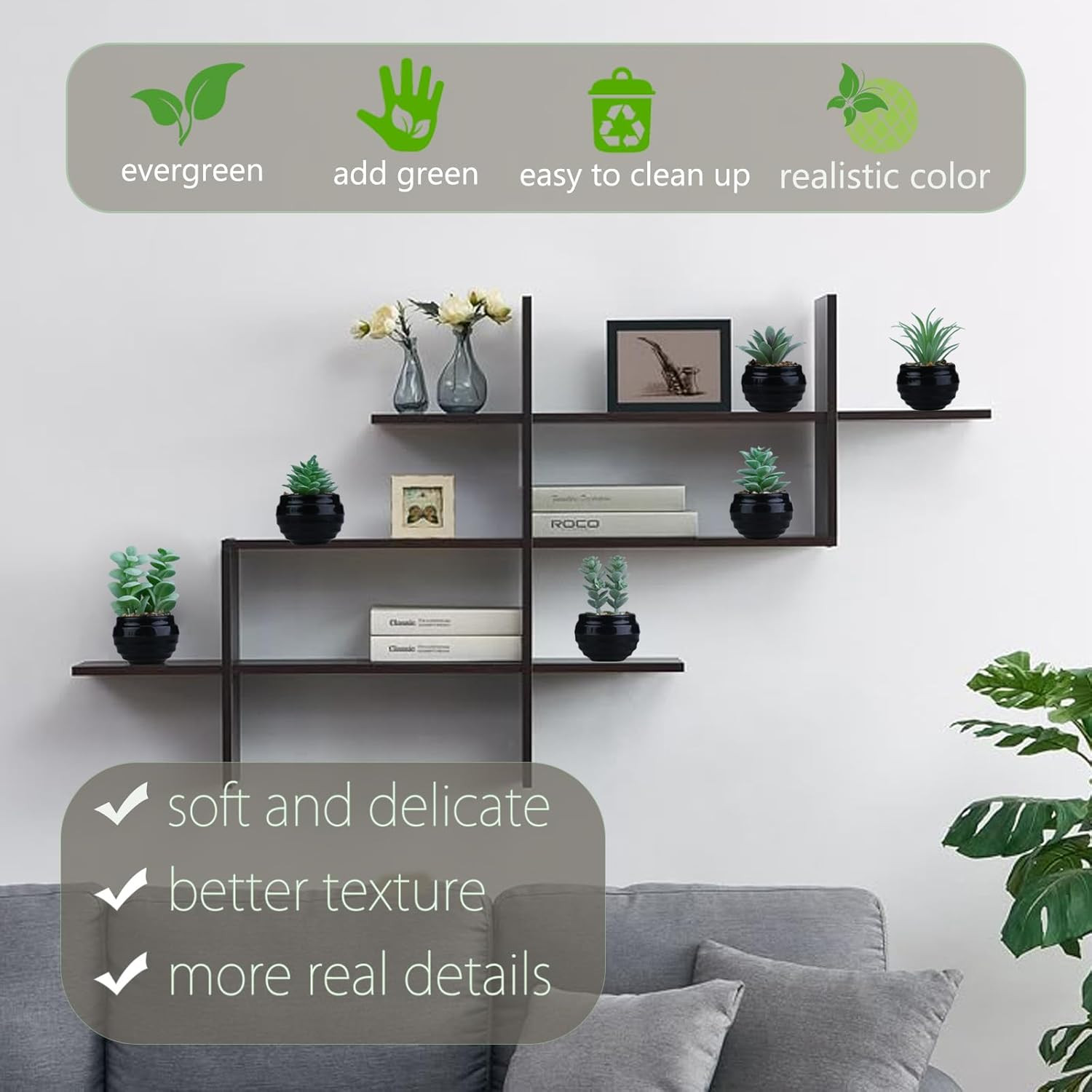 6 Pcs Green Artificial Succulent Plants in Black Plastic Pots Mini Faux Succulen