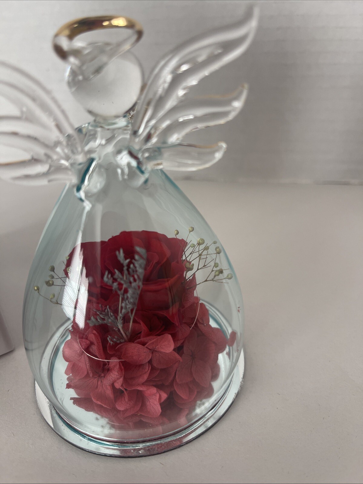 Angel Preserved Rose Real Red Flower Clear Glass Angel Anlunob Gifts 4.25”