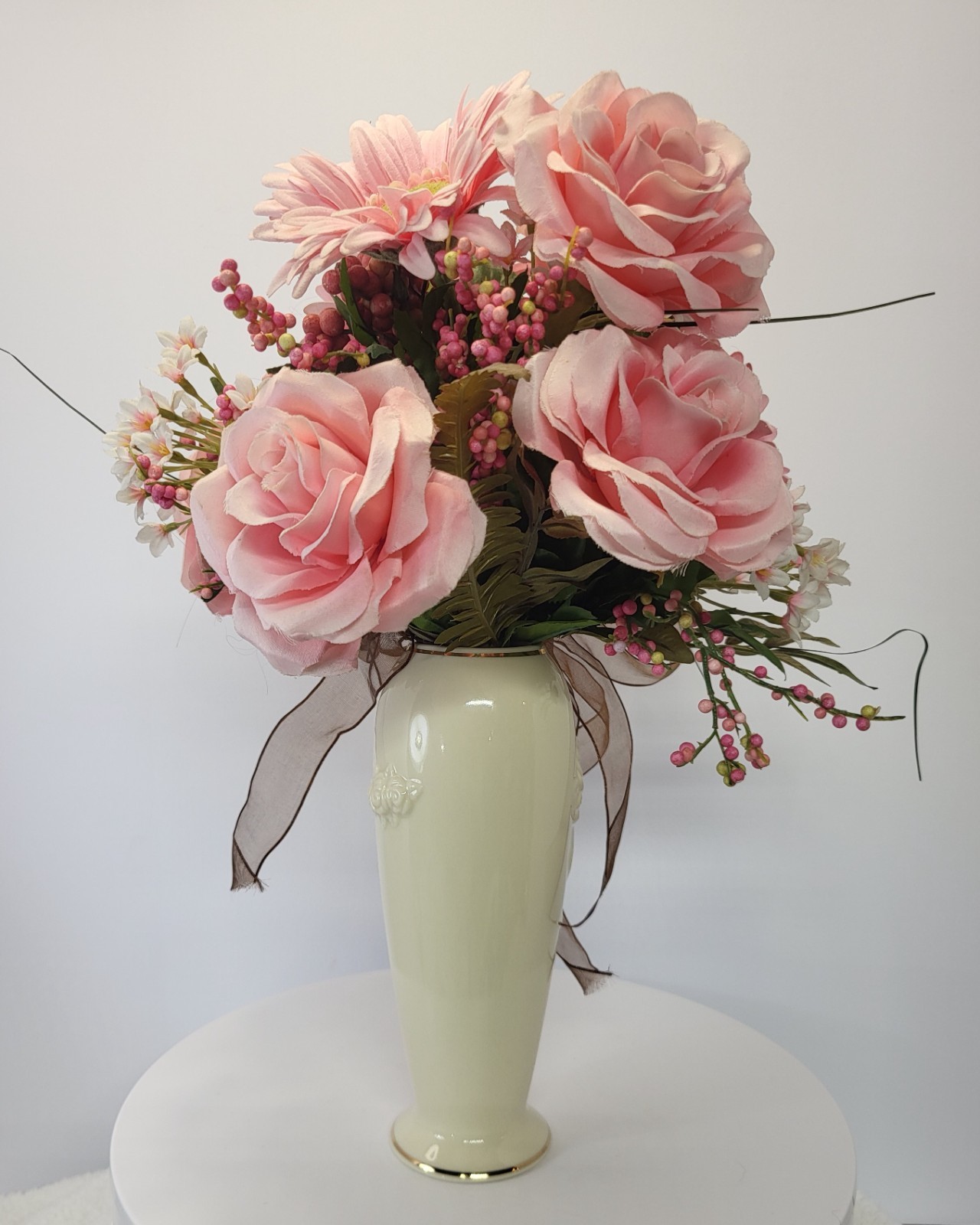 Artificial Pink Bouquet with Gerbera Daisies Roses Filler Berries Wrapped Stem