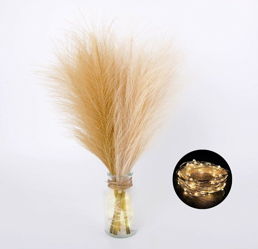 Faux Pampas Grass, Set of 6 Stems 17” Short Artificial Fake Flowers with light