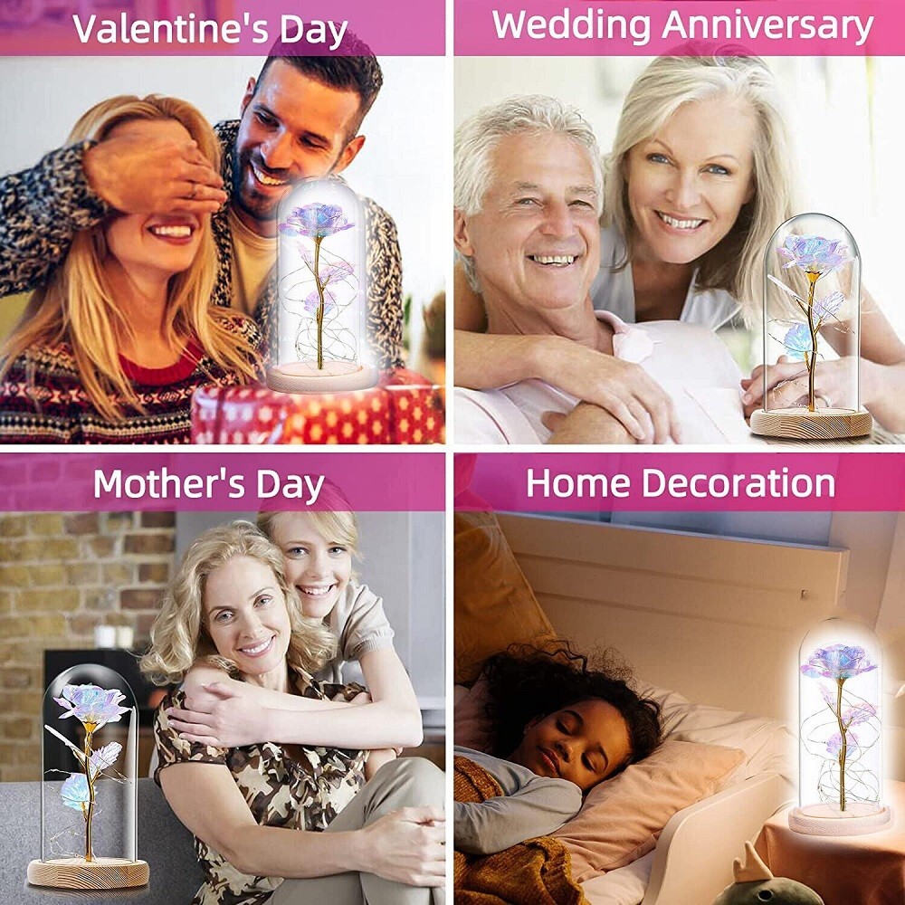 Forever Rose In Glass Eternal Flower LED Night Light Dome Valentine Wedding Gift