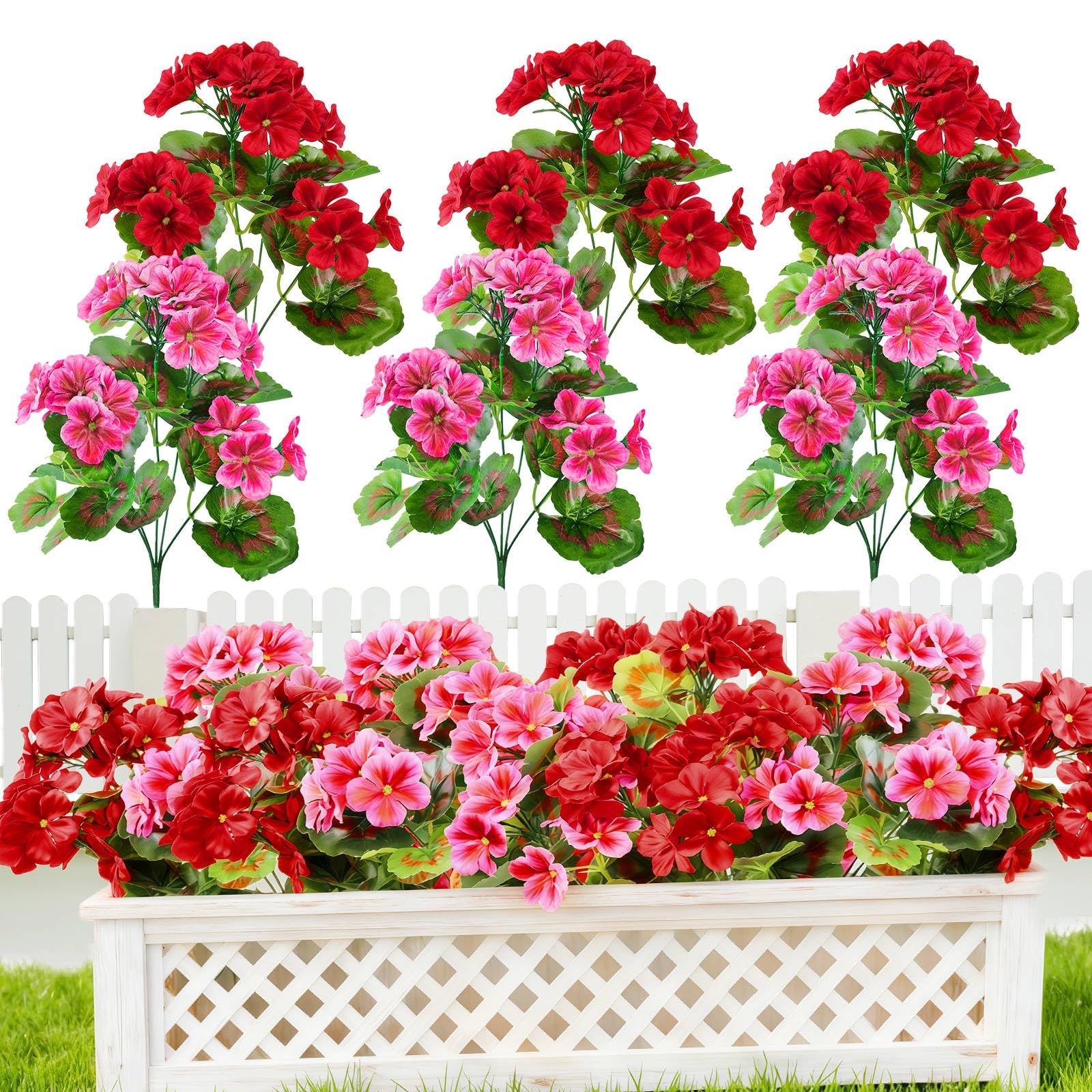 6 Bundles Artificial Geranium Flowers for Outdoors, UV Resistant Silk Geraniu…