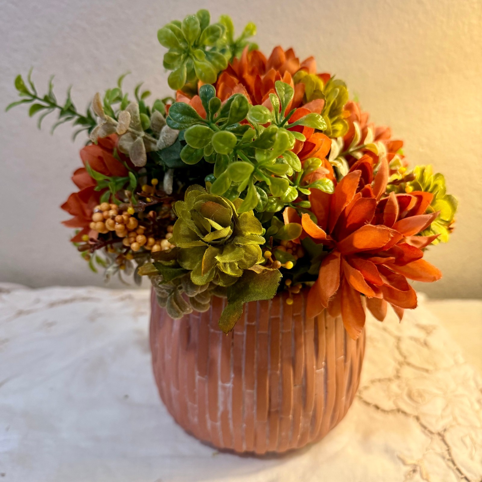 Upcycled Terracotta Pot Hand Painted with Fall Autumn Faux Florals Centerpiece