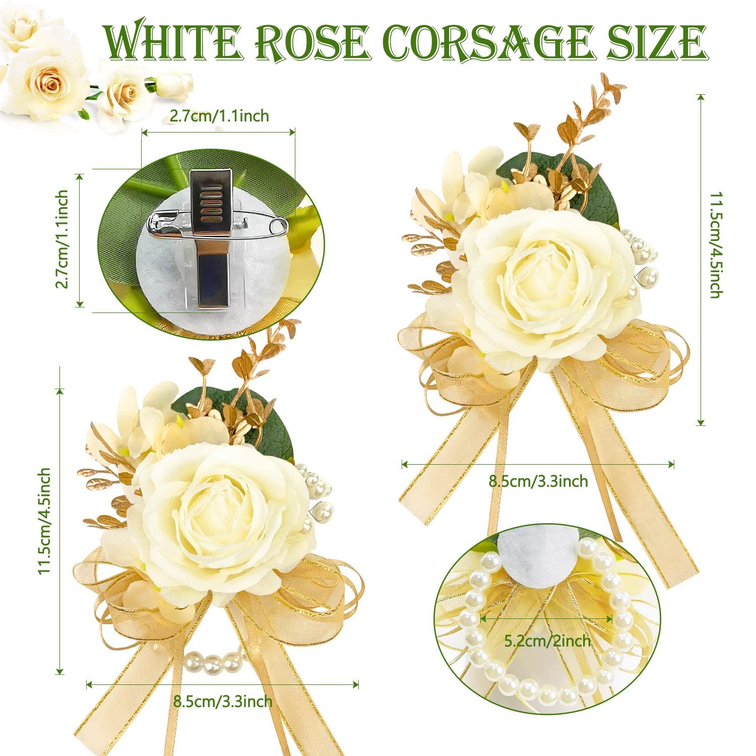 Ivory Rose Wrist Corsage Wristlet Band Bracelet and Boutonniere Set for Men Wome