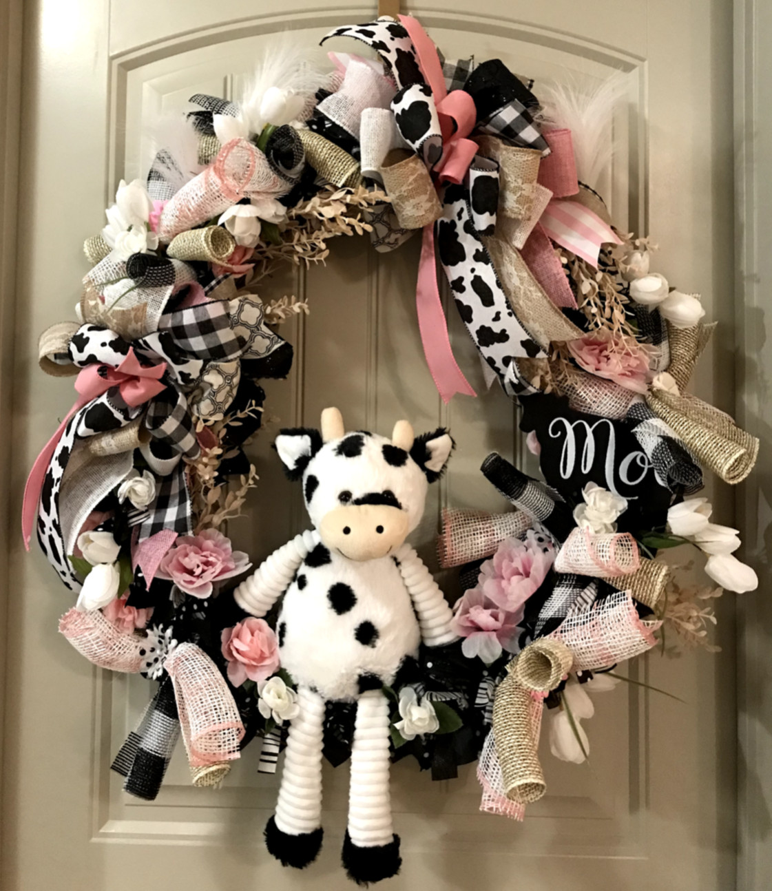 Farm MOO Cow floral mesh grapevine wreath by Taylormadecustombows 32x28x7″