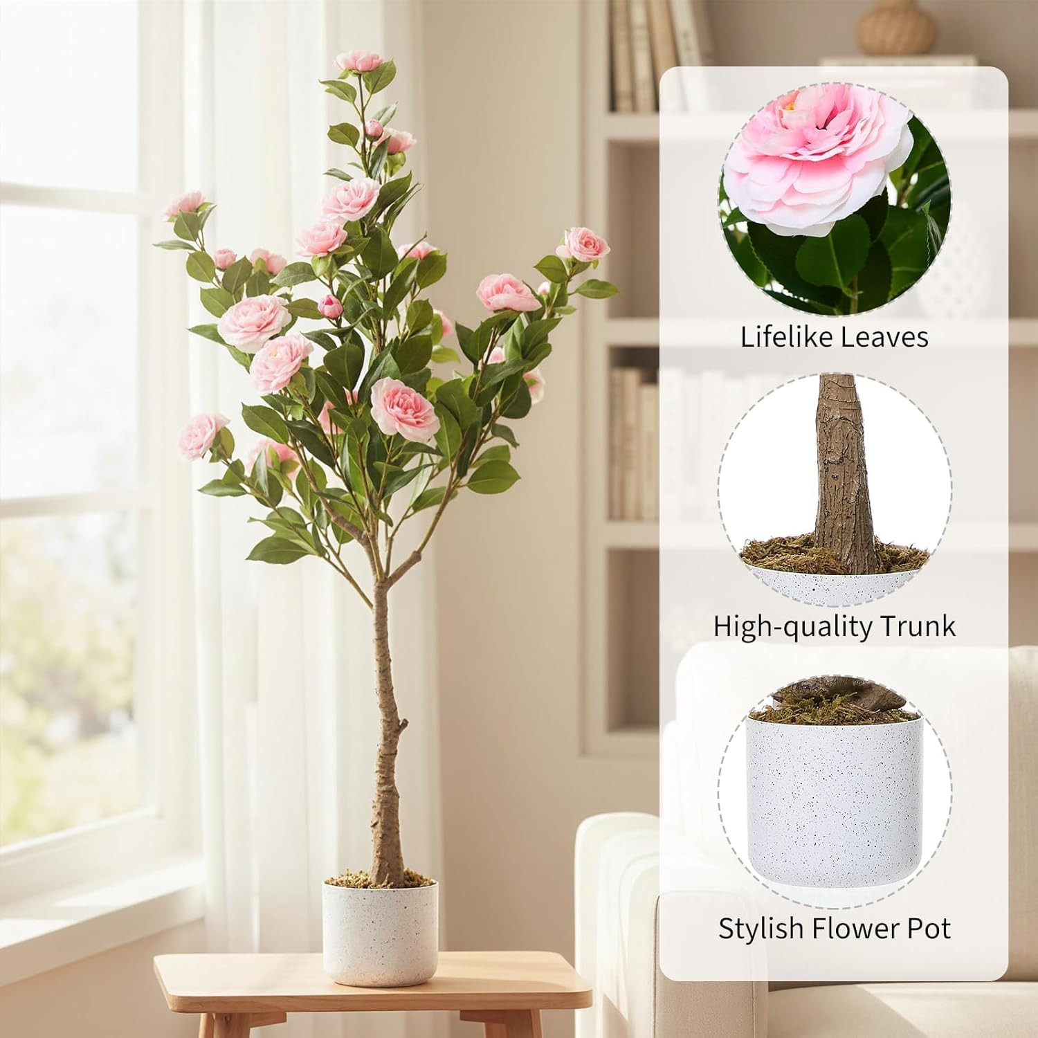 Faux Camellia Tree 2 Pack – 43″ Tall Pink Flowering Plants for Home Decor