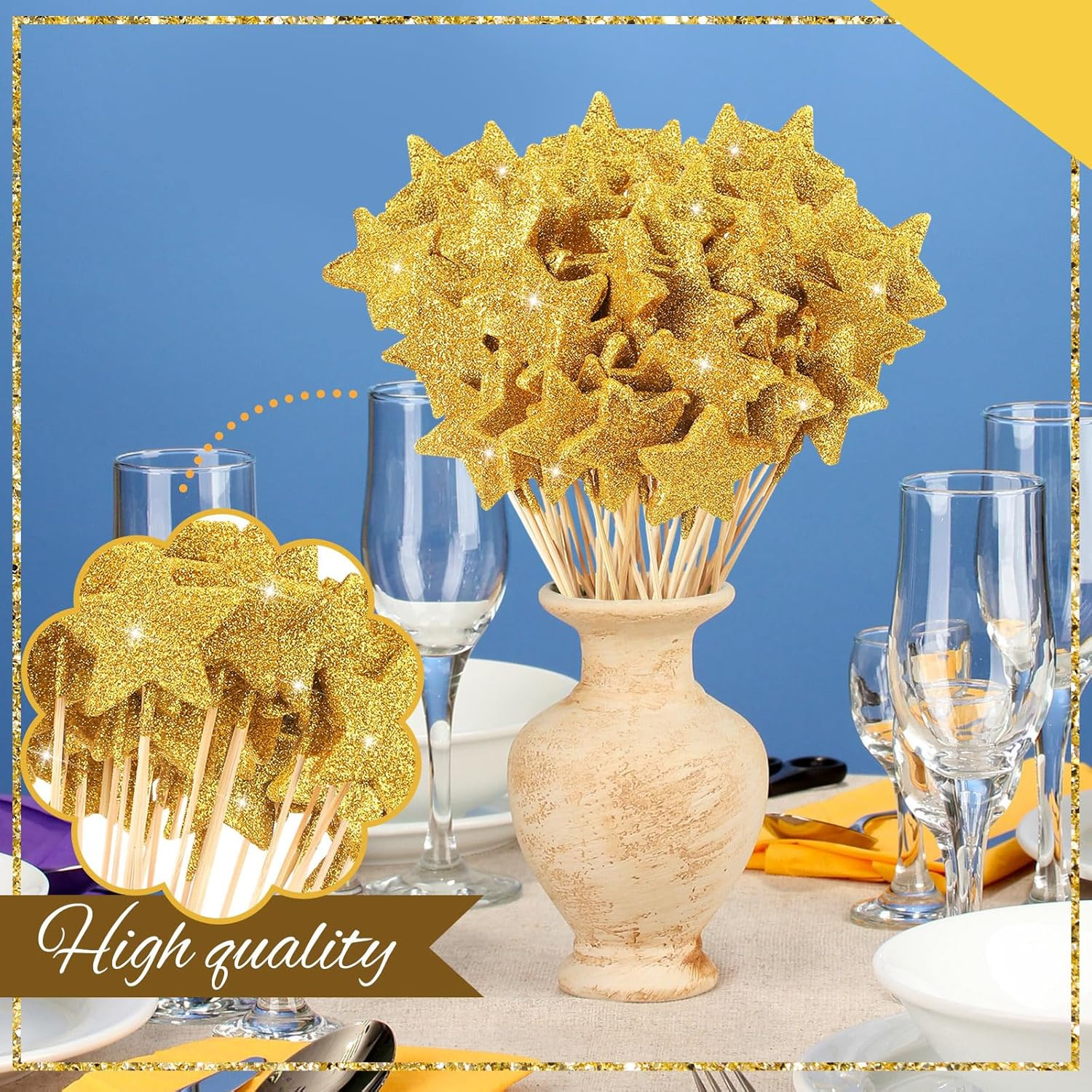 60 Pcs Star Floral Pick 8” Star Centerpiece Table Decor Gold Graduation Glitte