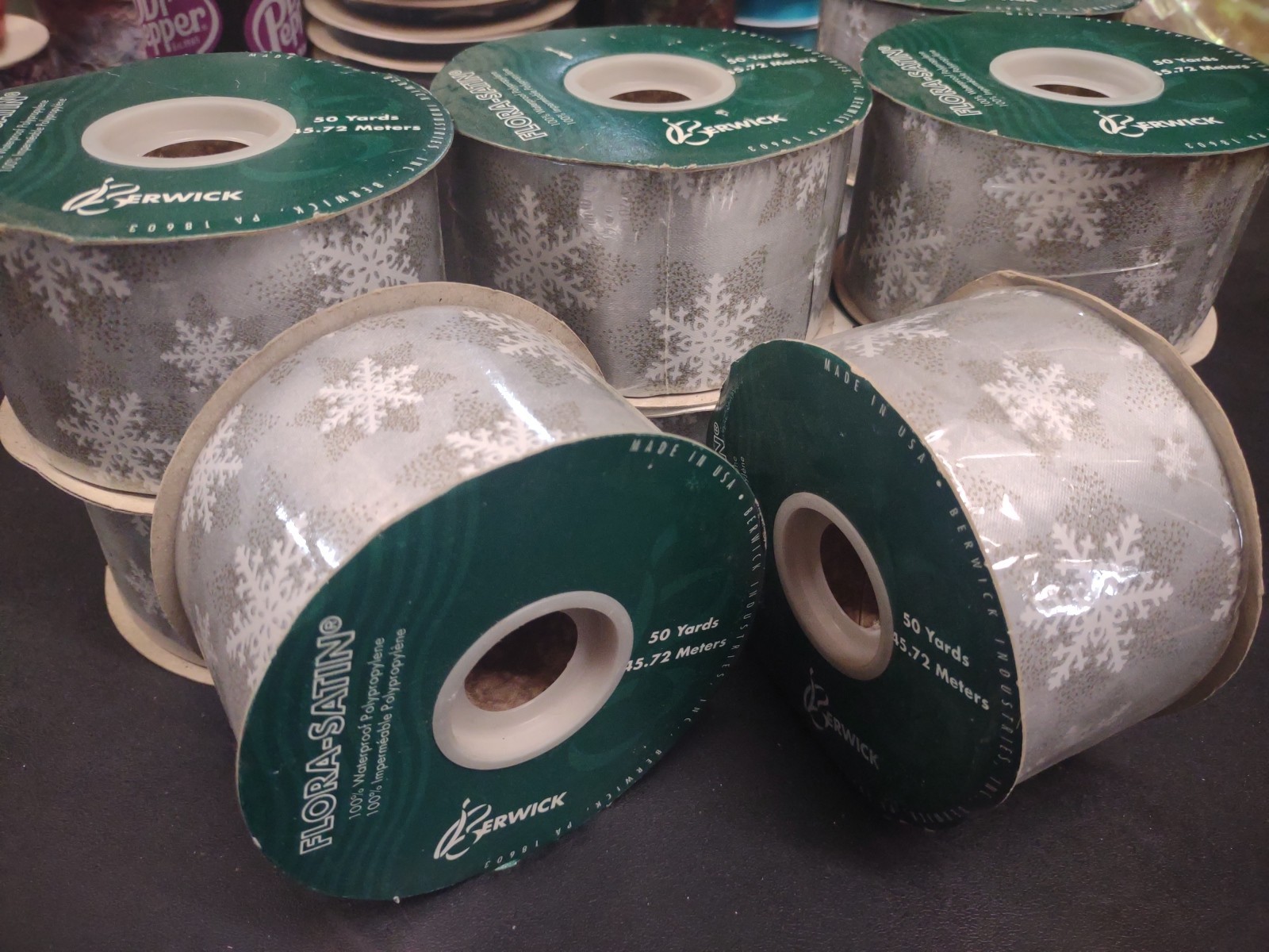 50Yd Flora-Satin Silver Ice Crystal Ribbon, Waterproof 2-3/8″ Snow Flake Frost