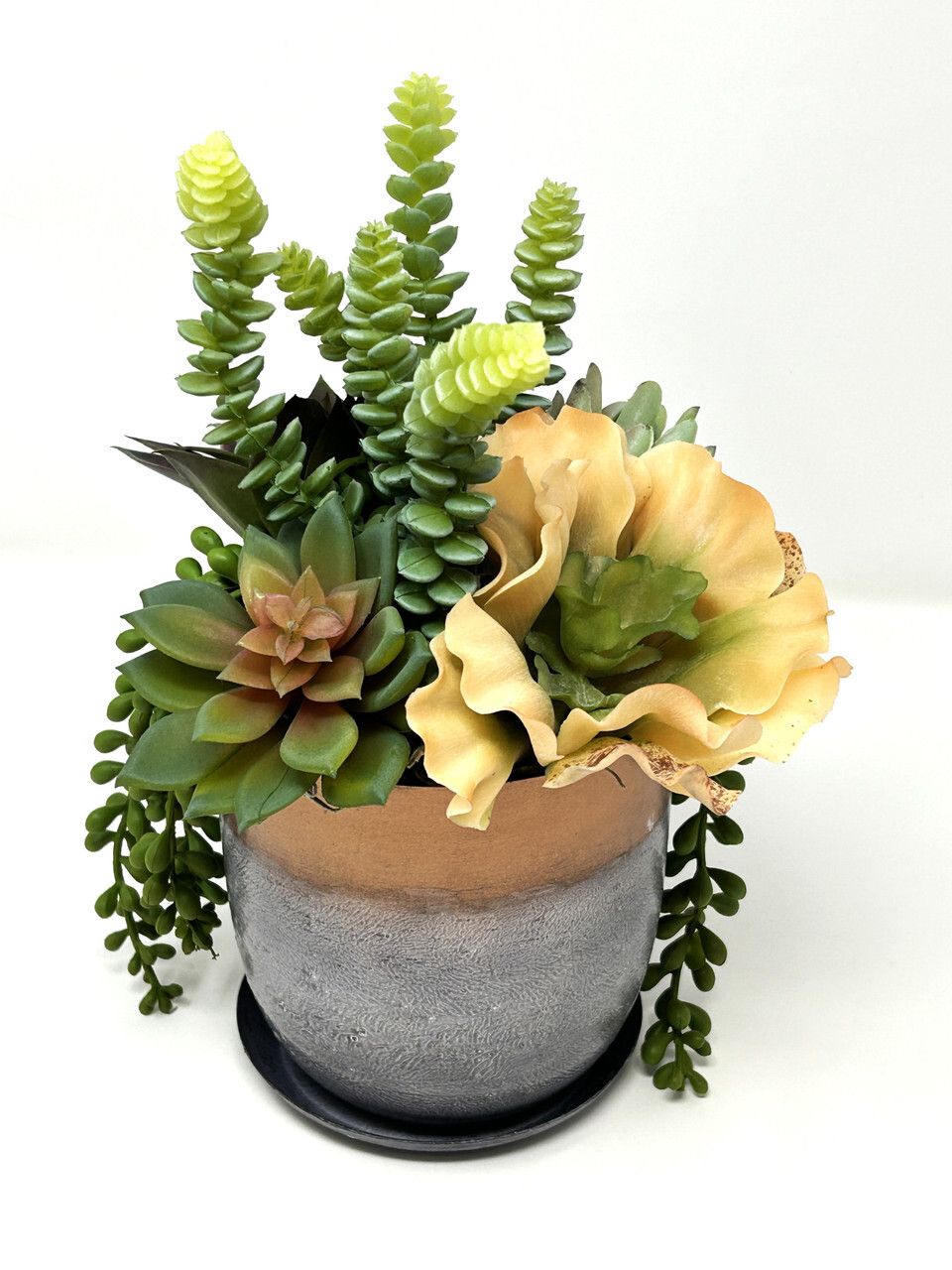 11″ Unique Artificial Succulent Garden #1 mixed arrangement, 5″ Metal Planter
