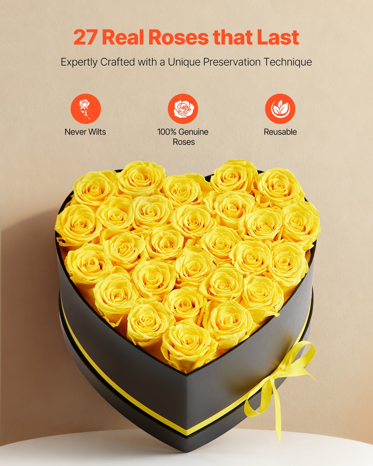 VEVOR Forever Flowers 27 Preserved Roses Heart Box Eternal Bouquet Yellow