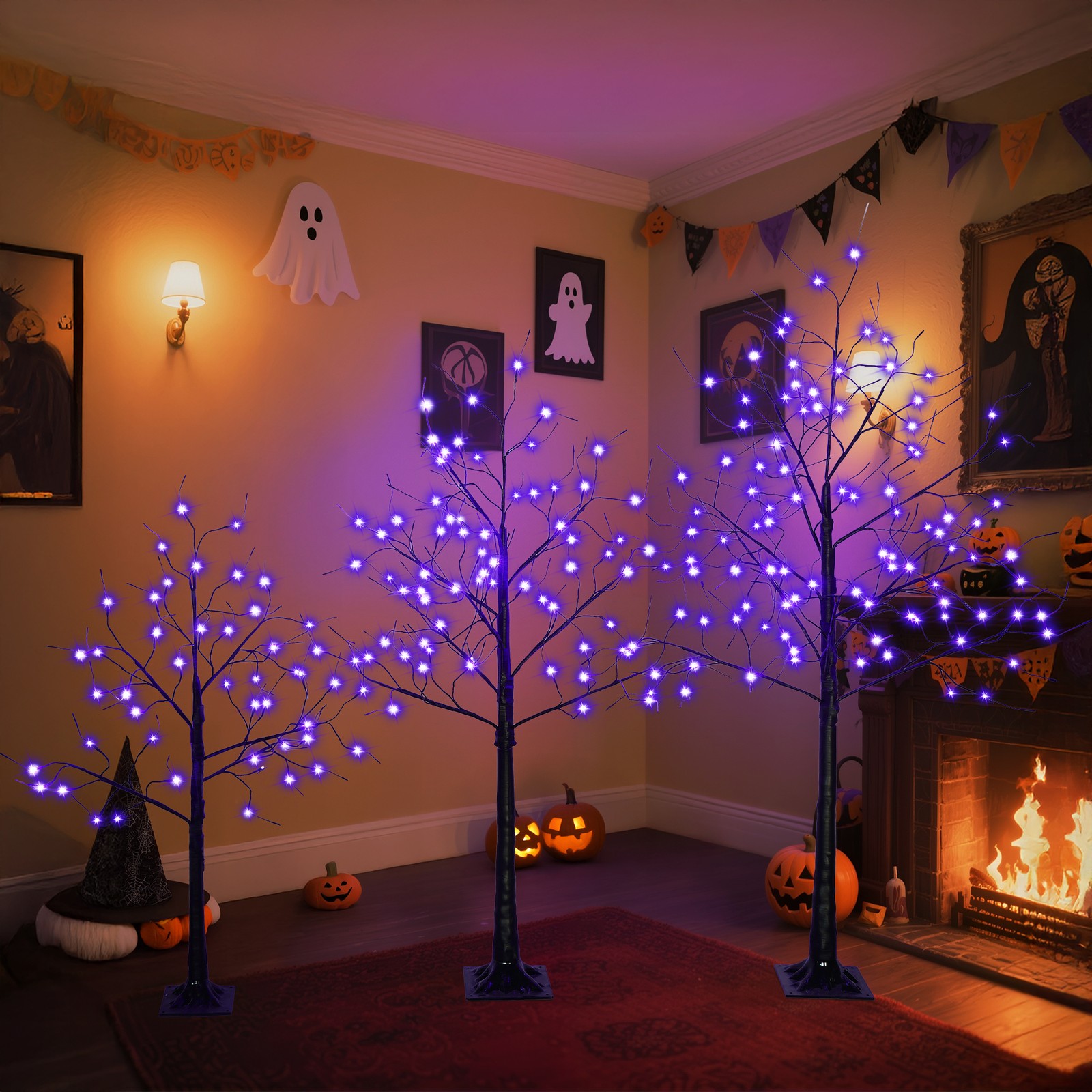 3 Pac Halloween Spooky Tree with Purple Lights, 4FT 5FT and 6FT, Lighted Tree