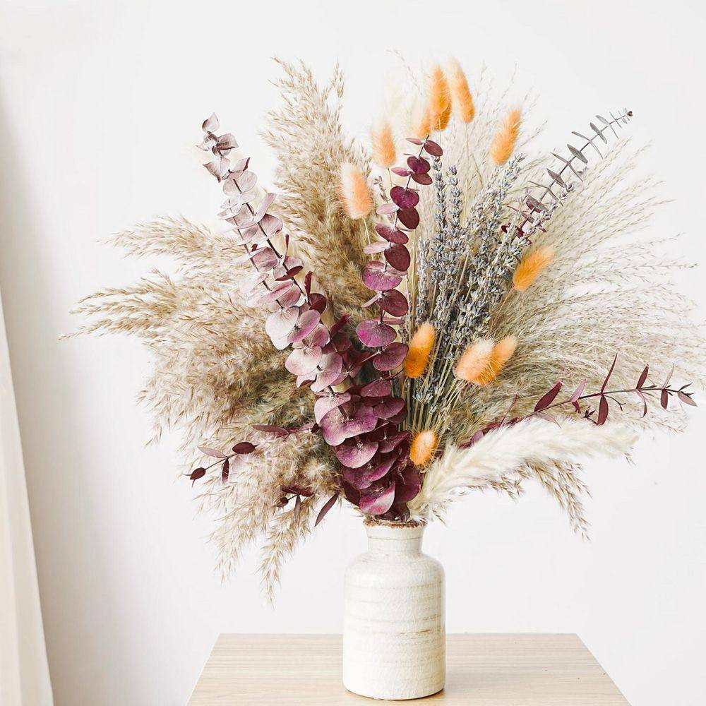 17 In. Red Pampas Grass Bouquet Indoor Artificial Lavender and Eucalyptus Dried