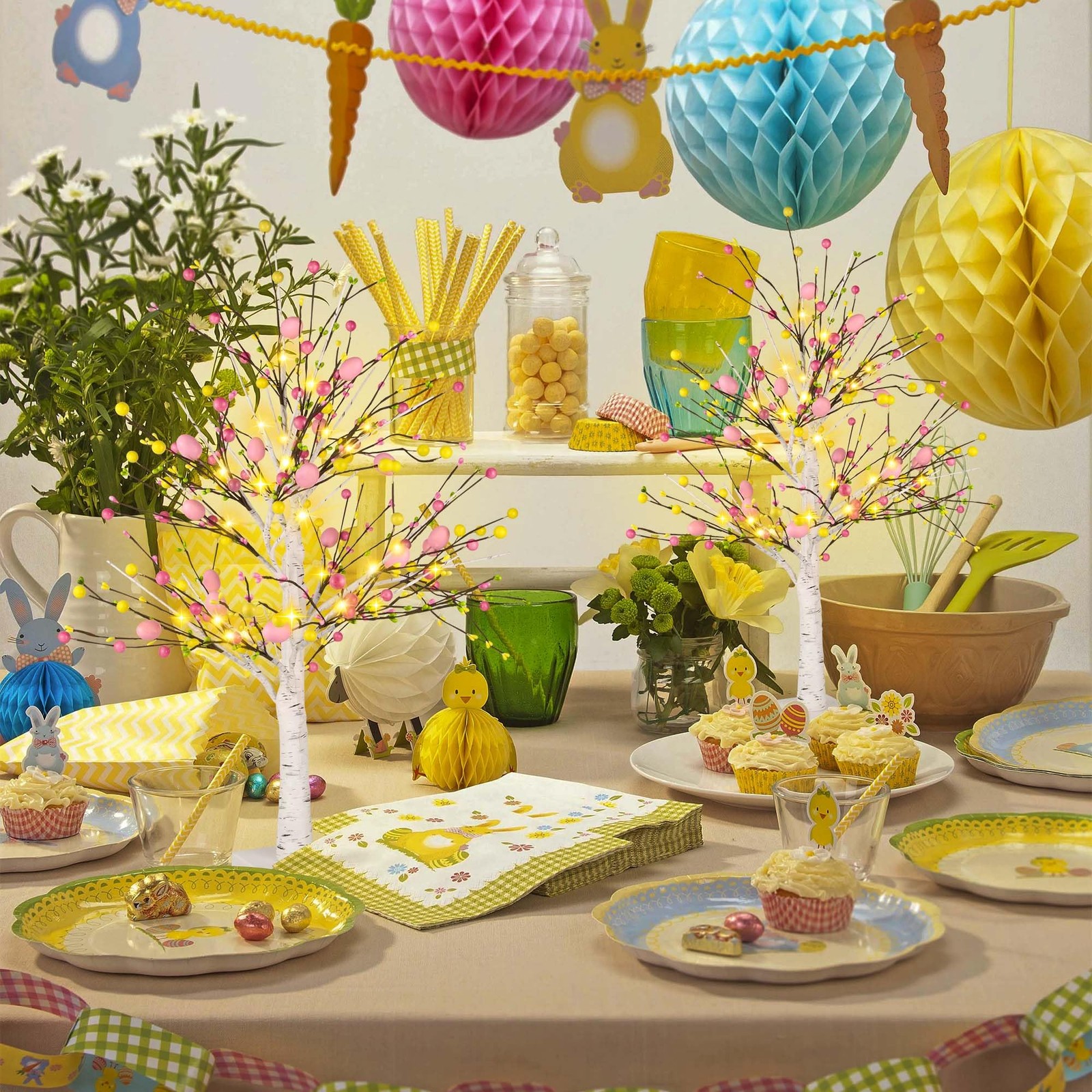 Easter Decorations, 2 Pcs Pre-lit 24 Inch Easter Egg Tree with 24 LED Lights, Ba