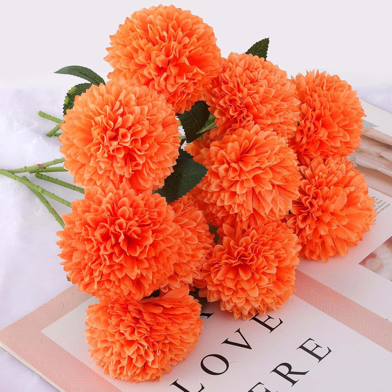 12 Pcs Artificial Chrysanthemums Flowers Marigolds Ball Flower, Orange Fake Mums