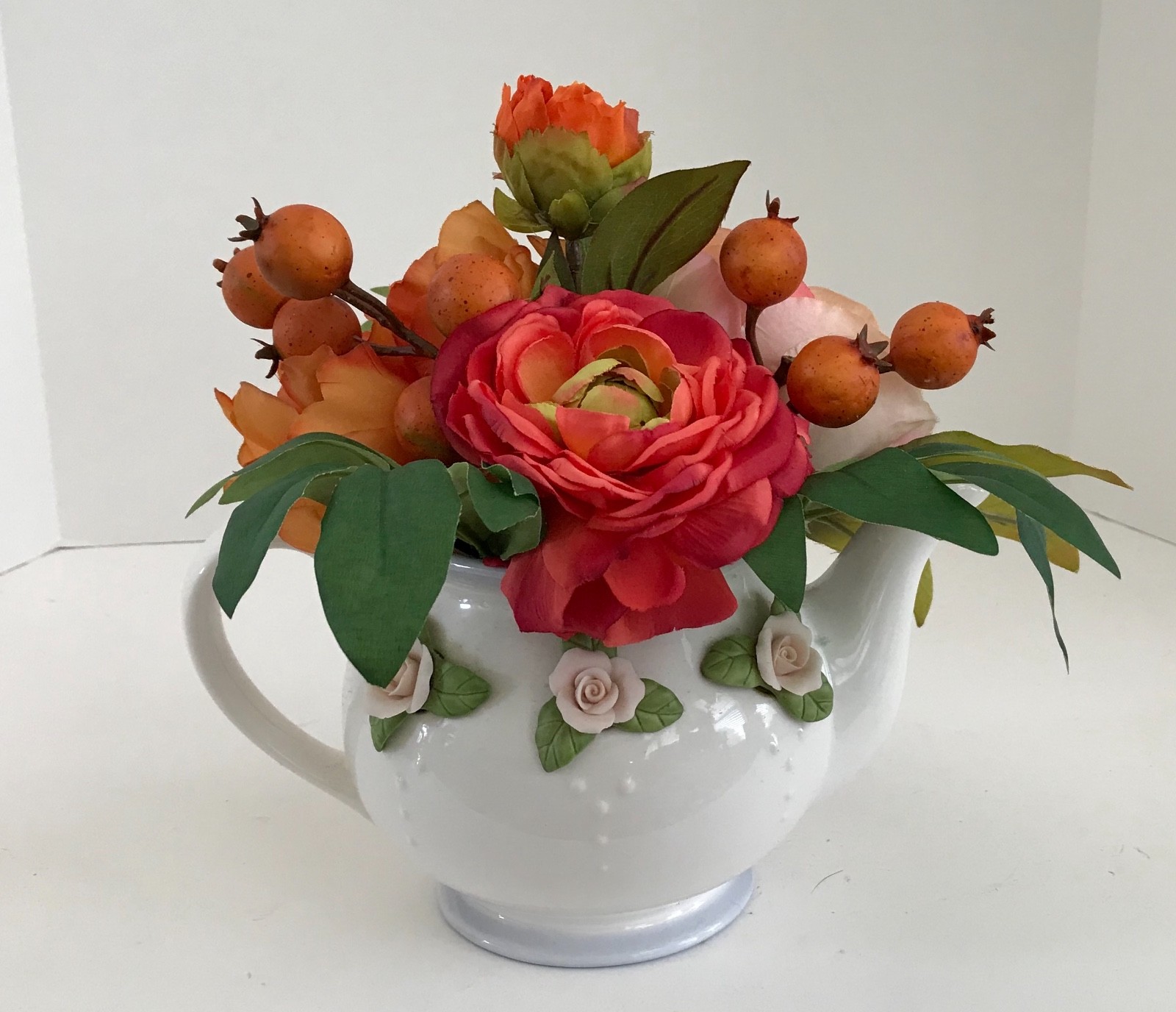 White with Raised Pink Roses Telaflora Gift Teapot Orange Flowers