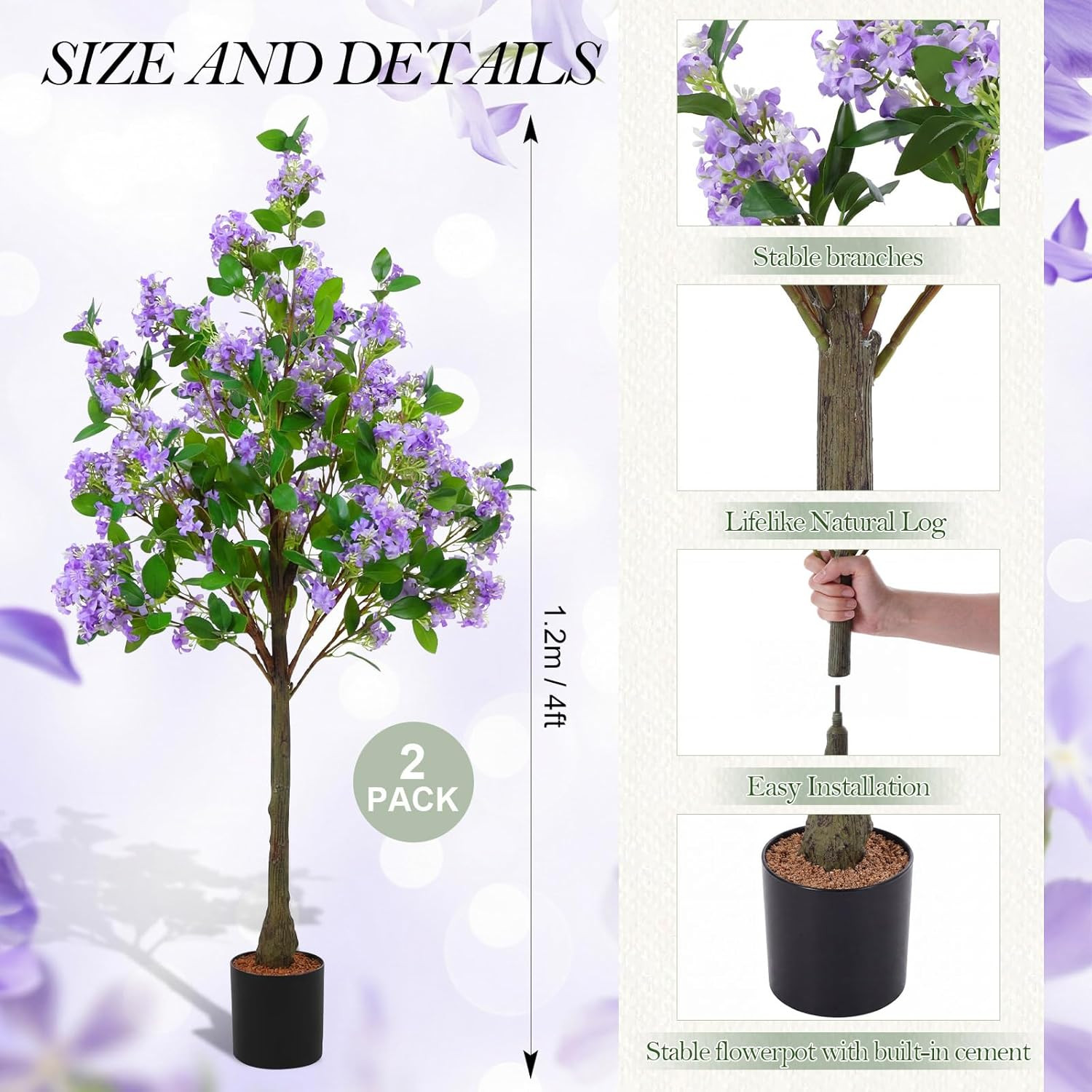 2 Pack 4Ft Purple Lilac Flower Trees – Realistic Potted Decor for Home & Garden