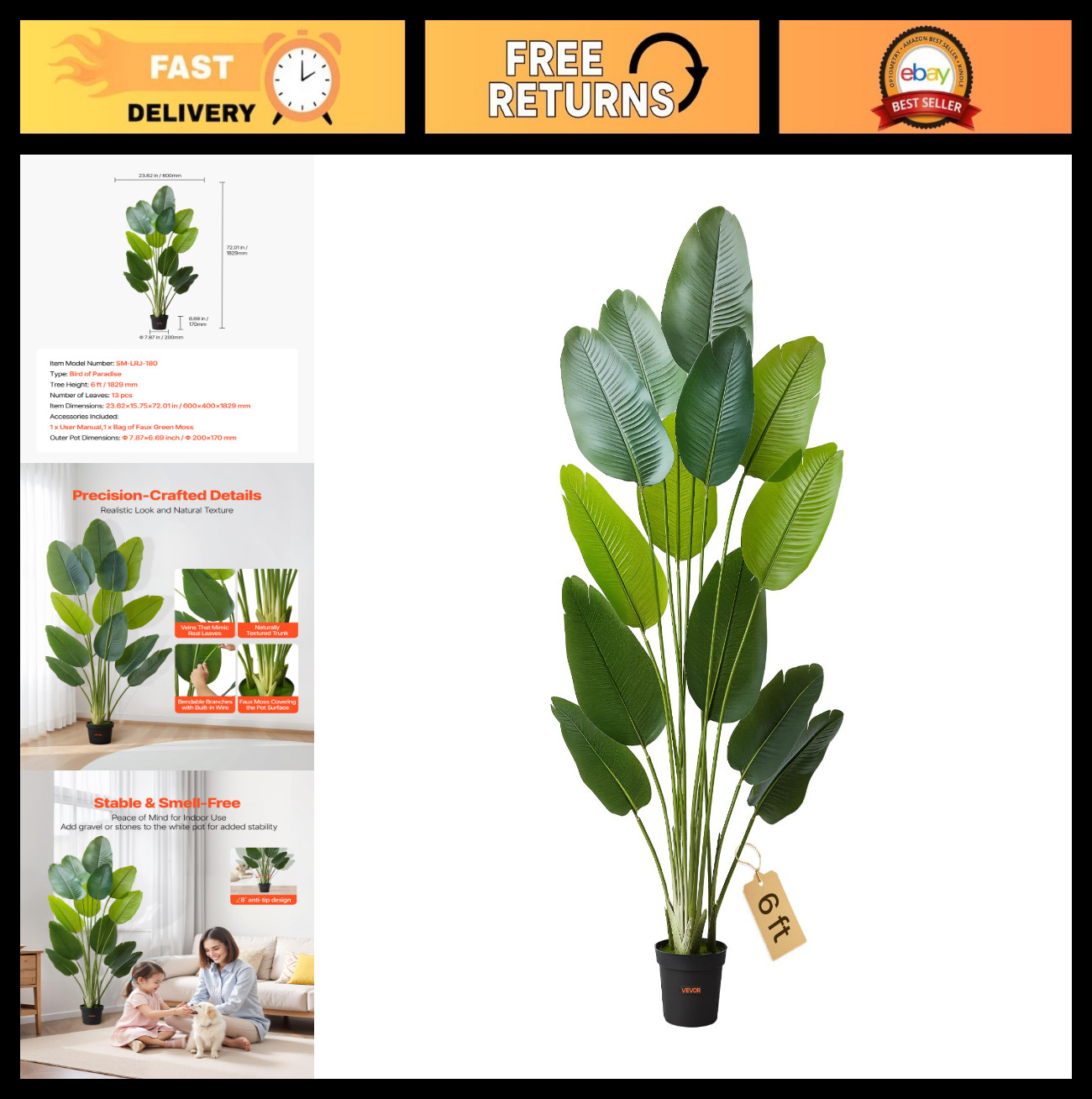6ft Artificial Bird of Paradise Tree – Faux Tropical Plant with 13 Trunks, White