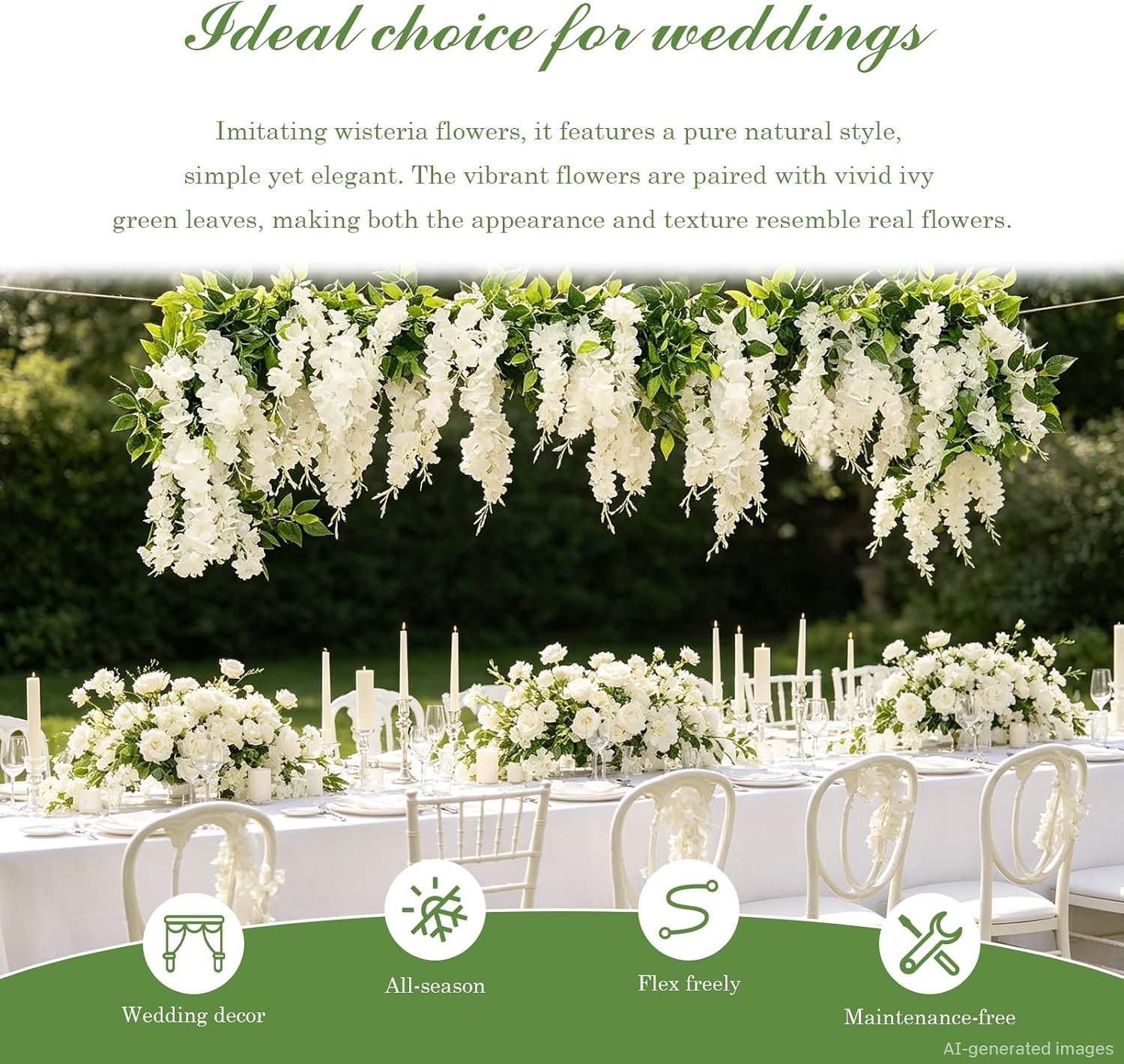 Wisteria Artificial Flowers Garland, 2Pcs 7.2Ft/Piece Silk Fake Wisteria Vine Ki