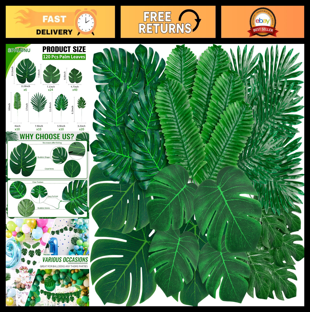 110 Pcs Artificial Tropical Palm Leaves – Large & Small Fake Plants for Luau, Ju
