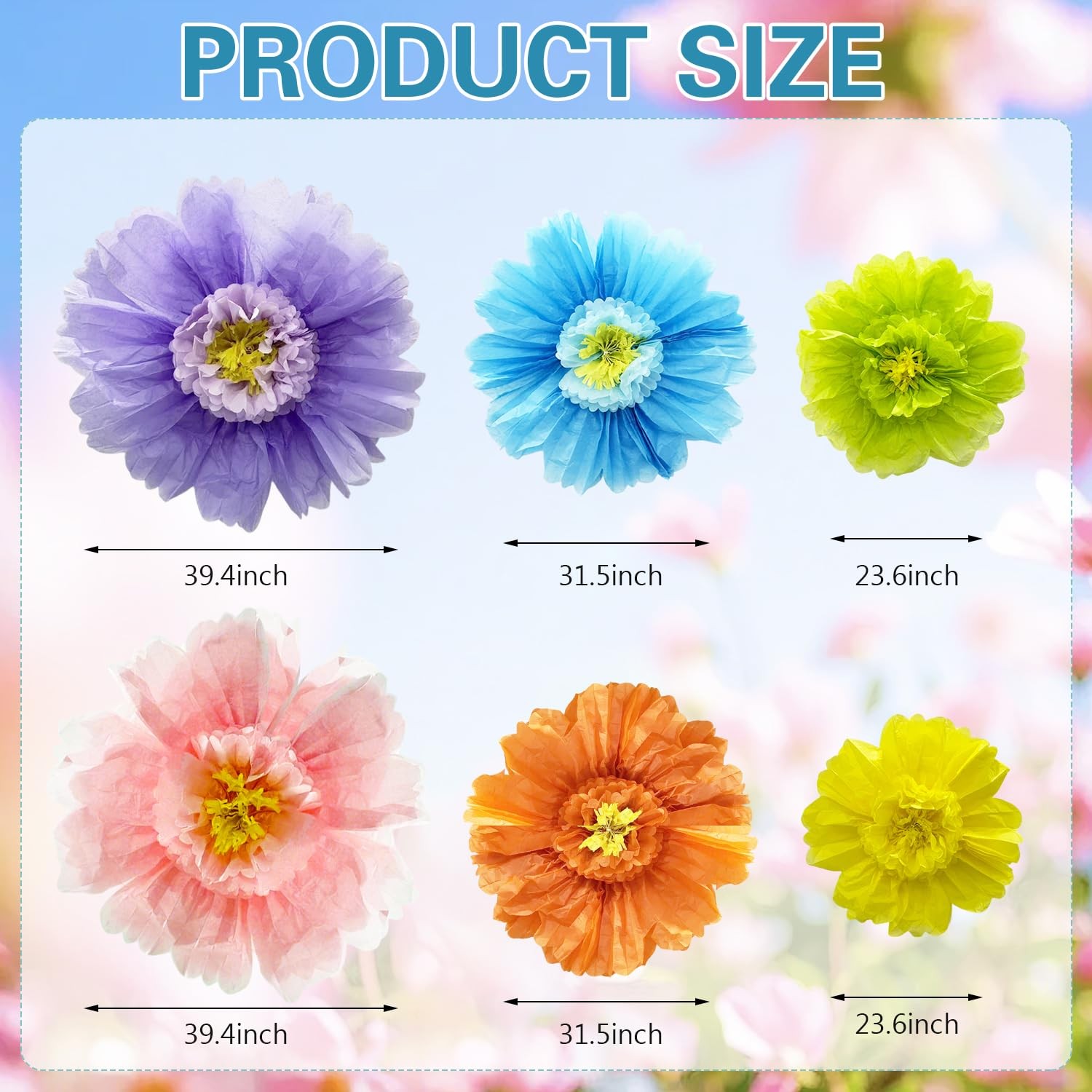 6 PCS Colorful Giant Paper Flowers 39.4/31.5/23.6 Inch Wall Decoration