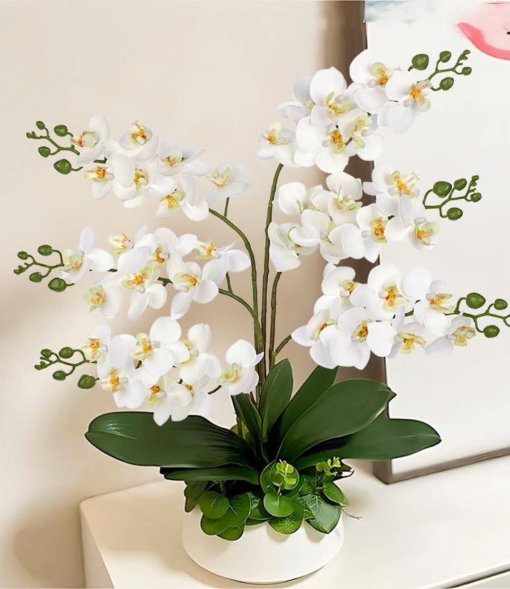 6 PCS White Orchids Artificial Flowers 25 Inch Silk Table Centerpiece Decor