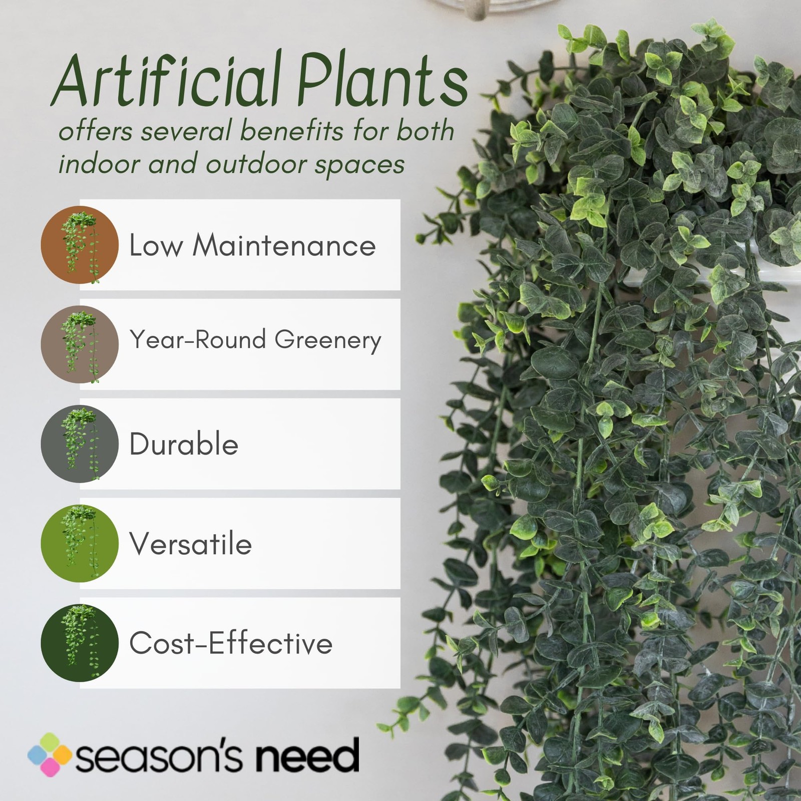Artificial Hanging Plants – 30” Long Eucalyptus Greenery Bush, Fake Plant for…