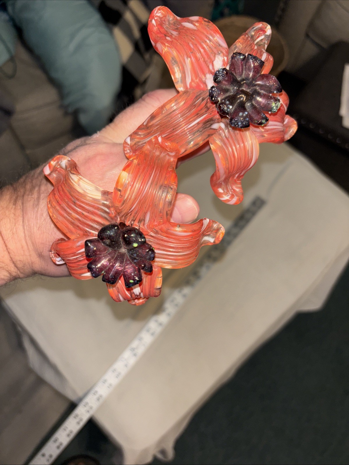 2 Vintage Art Glass Murano Style Glass Flower 14.5” Yellow – Orange & Purple