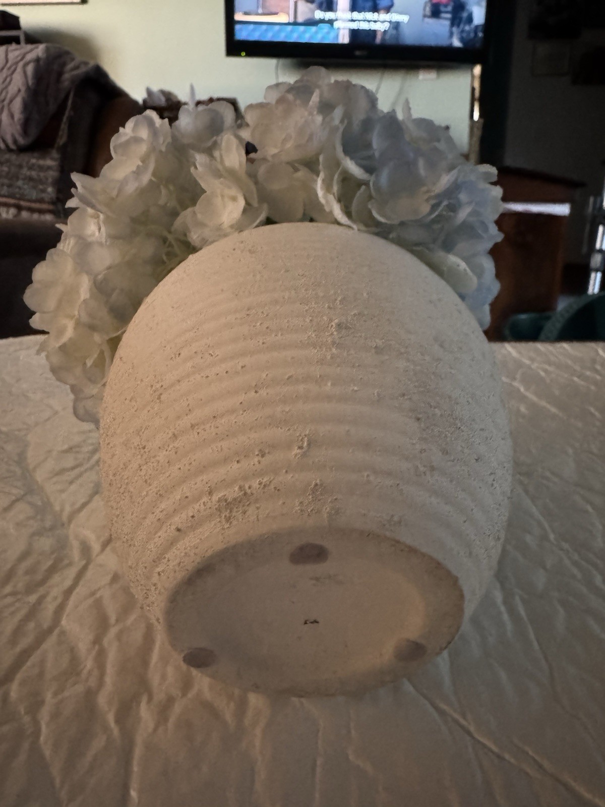 Artificial Light Blue Hydrangea Flowers w/Textured White Vase 3.5” Vase Bottom