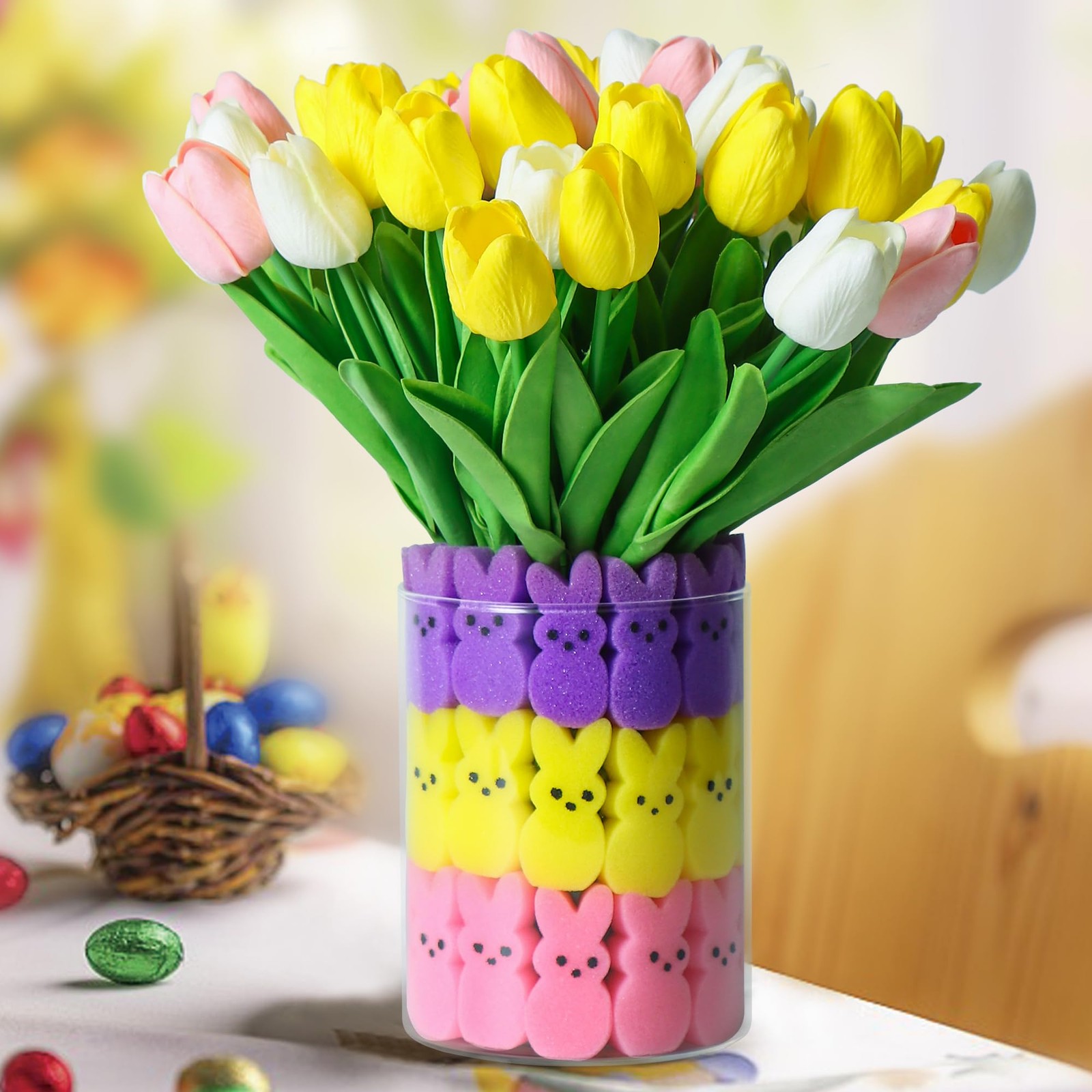 15 PCS Artificial Tulips 48 PCS Bunnies Vase Filler Spring Table Decor Set