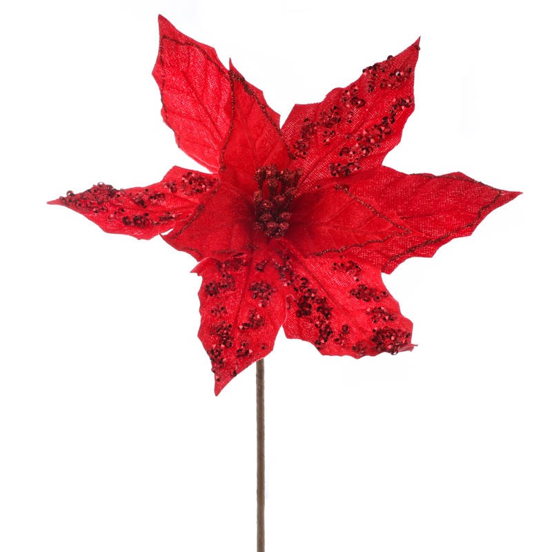 Pair of Sparkling Red Velvet Artificial Poinsettia 12″ Picks