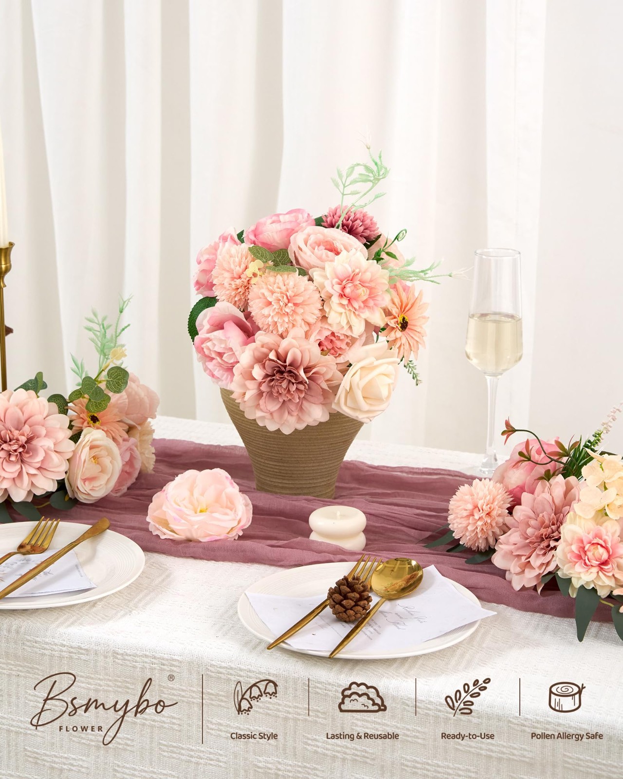 Pink Artificial Roses Flower Bouquets with Stems for DIY Wedding, Baby Shower, H