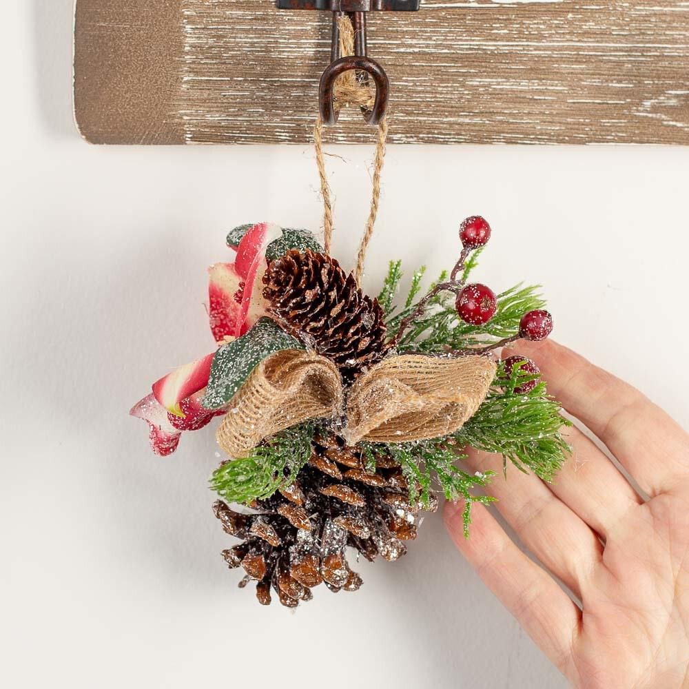 Set of 4 Sparkling Pine Cone 5″ Ornaments with Flower Accent & Burlap Bow
