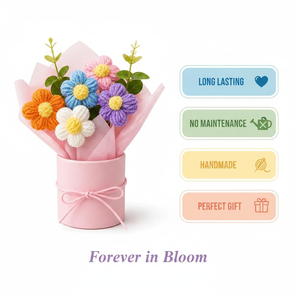 Colorful Handmade Mini Flower Bouquet Gift – Crochet Artificial Flowers in Pot